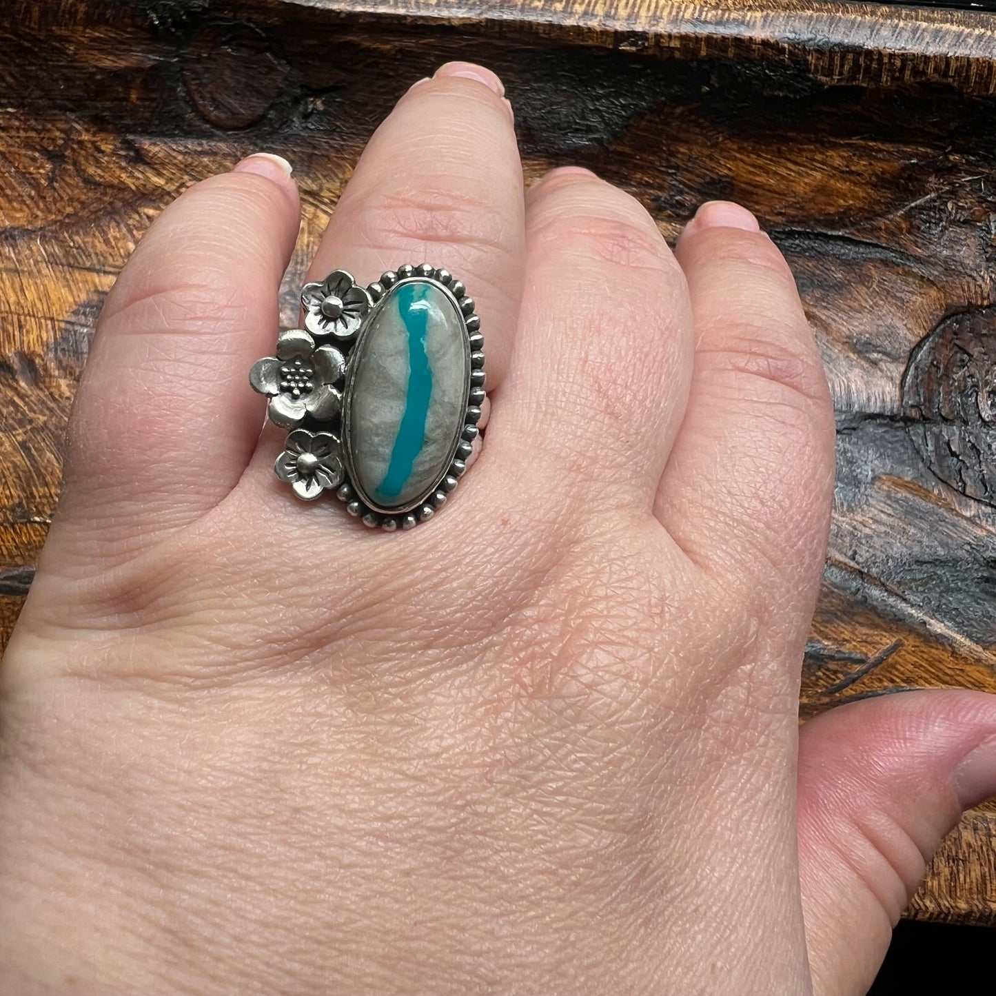 Ribbon Turquoise Floral Sterling Silver Statement Ring – Adjustable Size 9