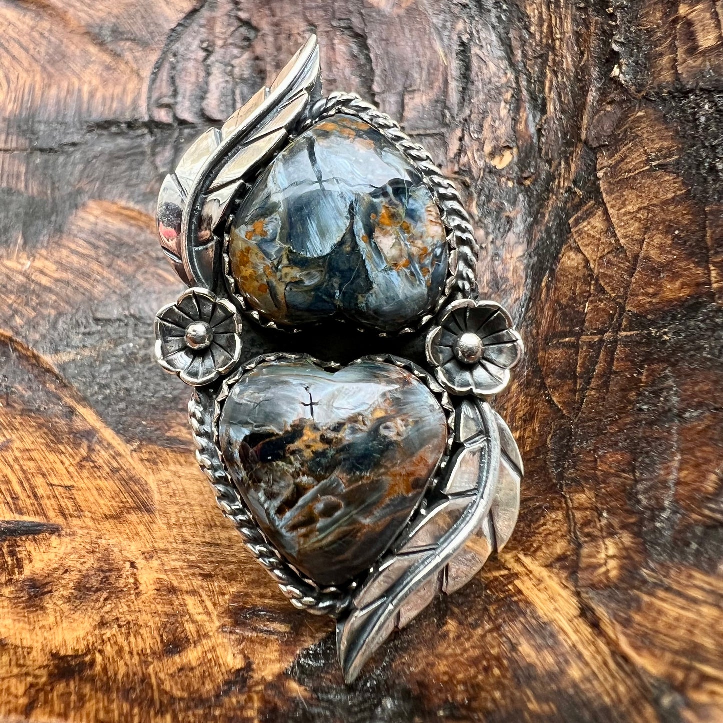 Sterling Silver Pietersite Double Heart Statement Ring – Feather & Floral Design, Size 10
