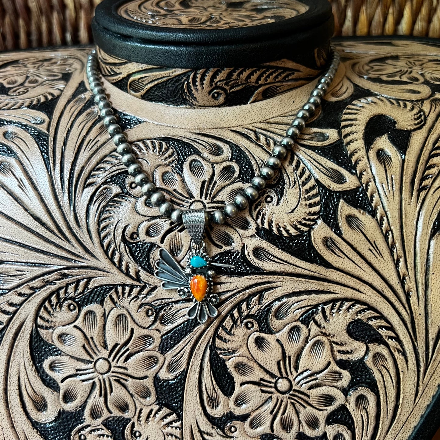 Turquoise & Spiny Oyster Hummingbird Sterling Silver Pendant
