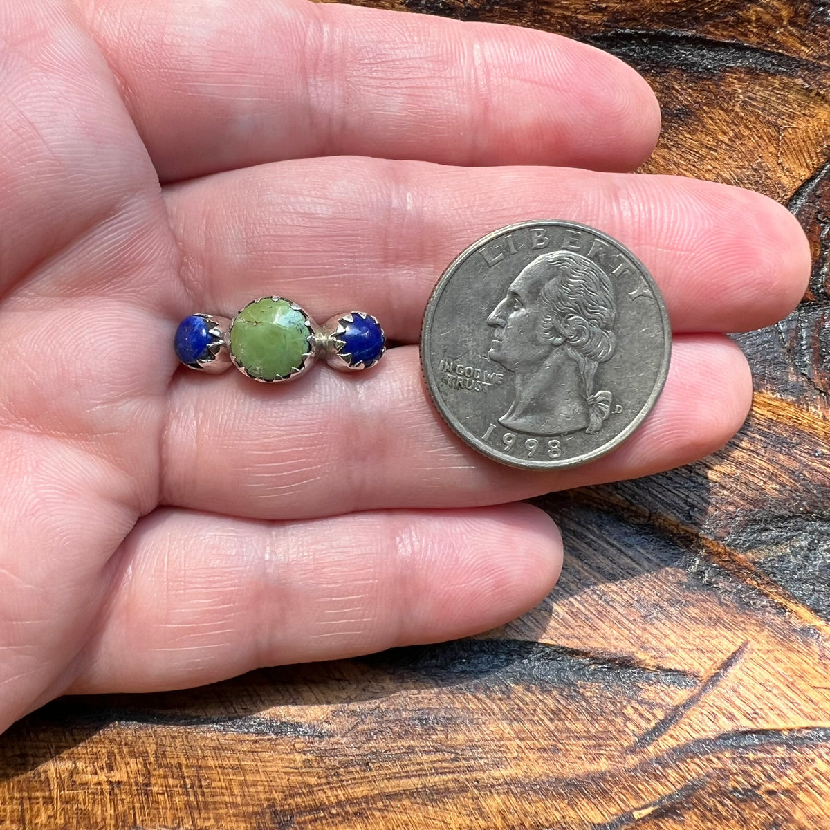 Sterling Silver Kingman Turquoise & Lapis Lazuli Three-Stone Ring