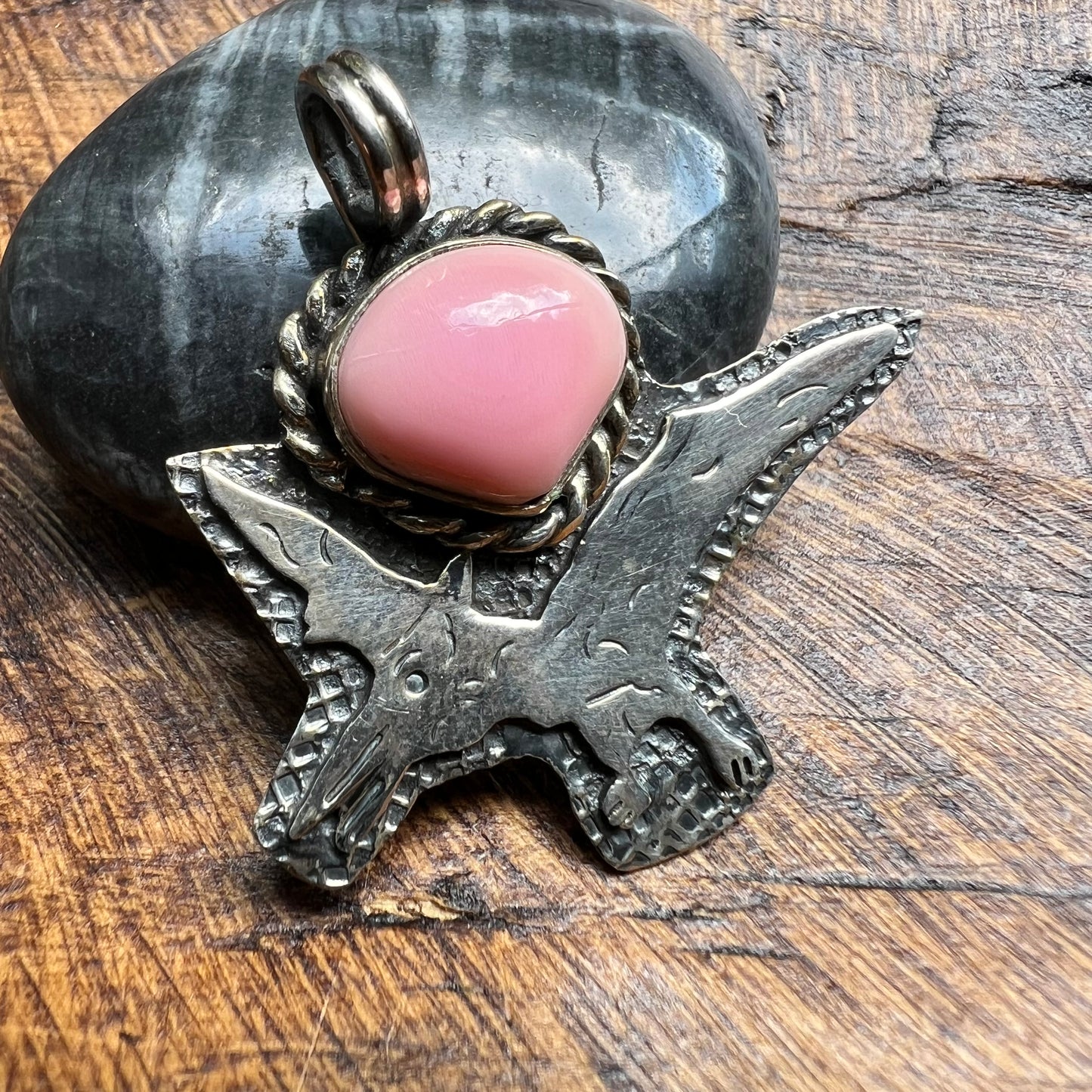 Sterling Silver Pink Conch Pterodactyl Dinosaur Pendant