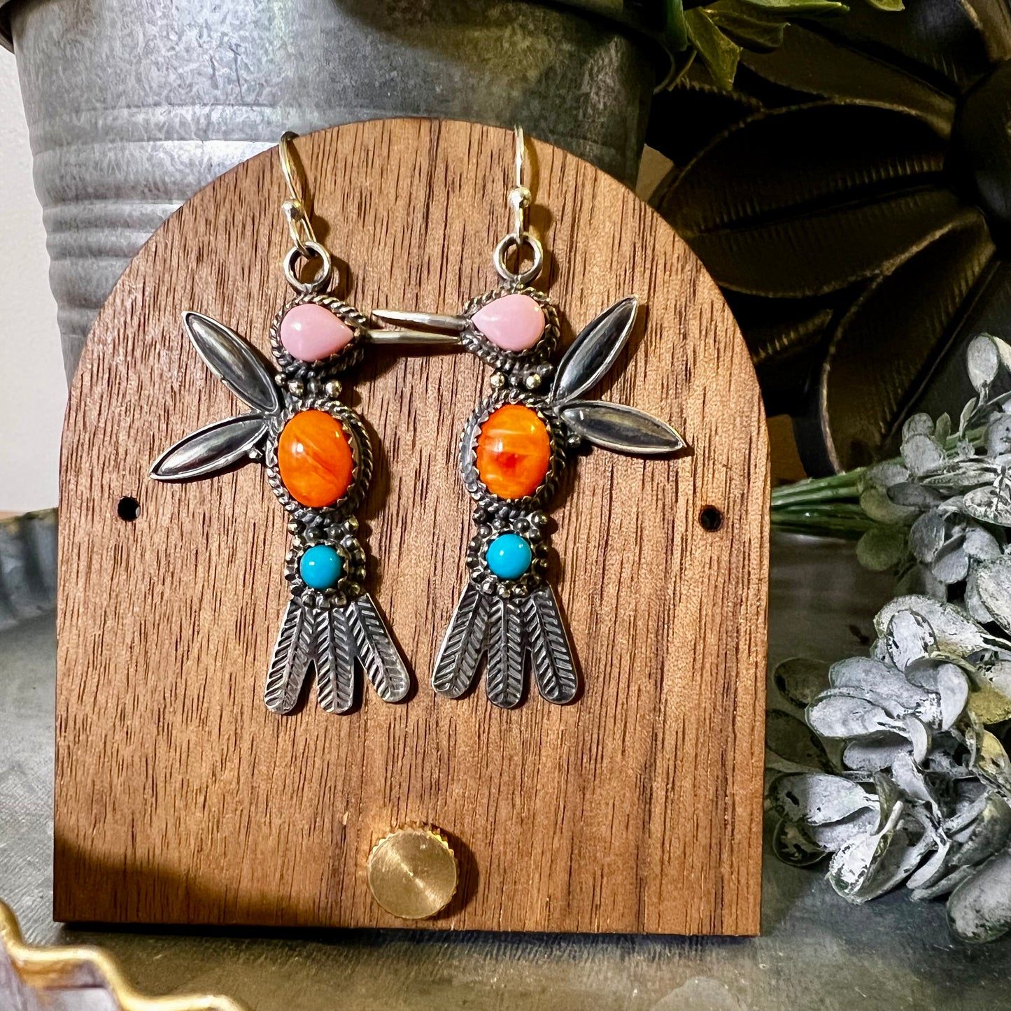 Multi-Stone Hummingbird Earrings – Pink Conch, Spiny Oyster & Turquoise