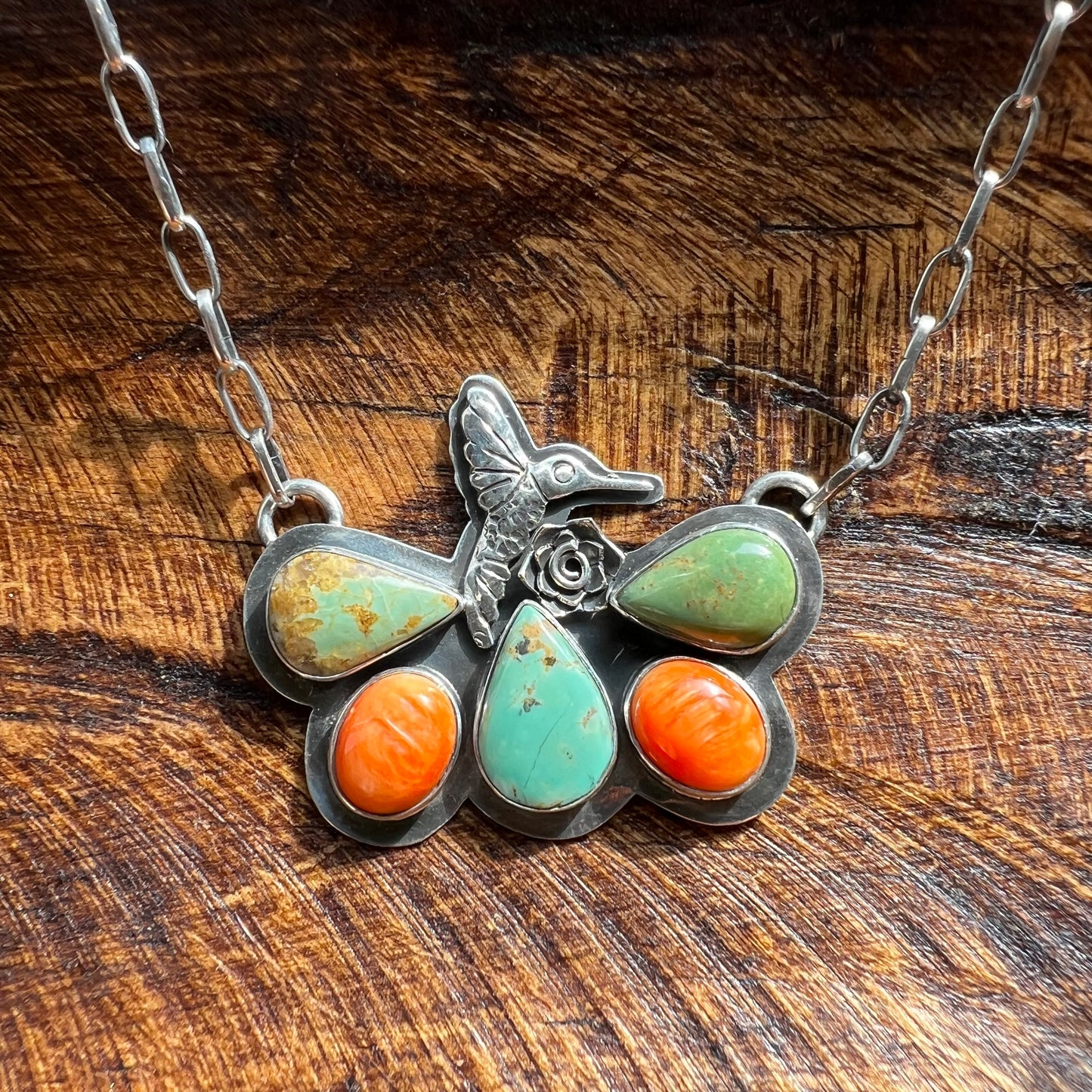 Sterling Silver Kingman Turquoise & Spiny Oyster Butterfly Hummingbird Necklace