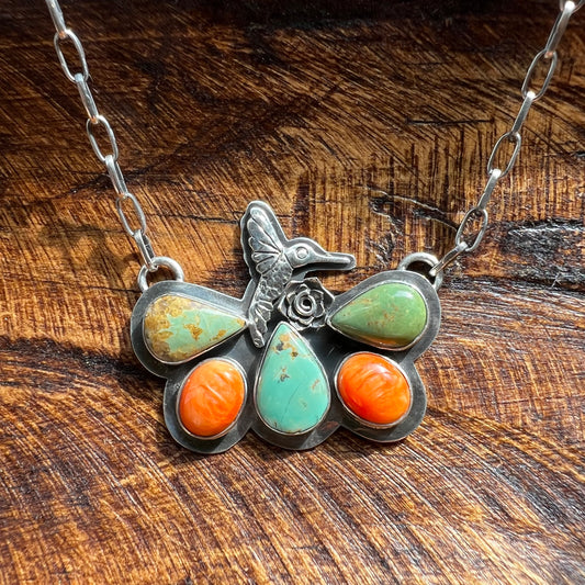 Sterling Silver Kingman Turquoise & Spiny Oyster Butterfly Hummingbird Necklace