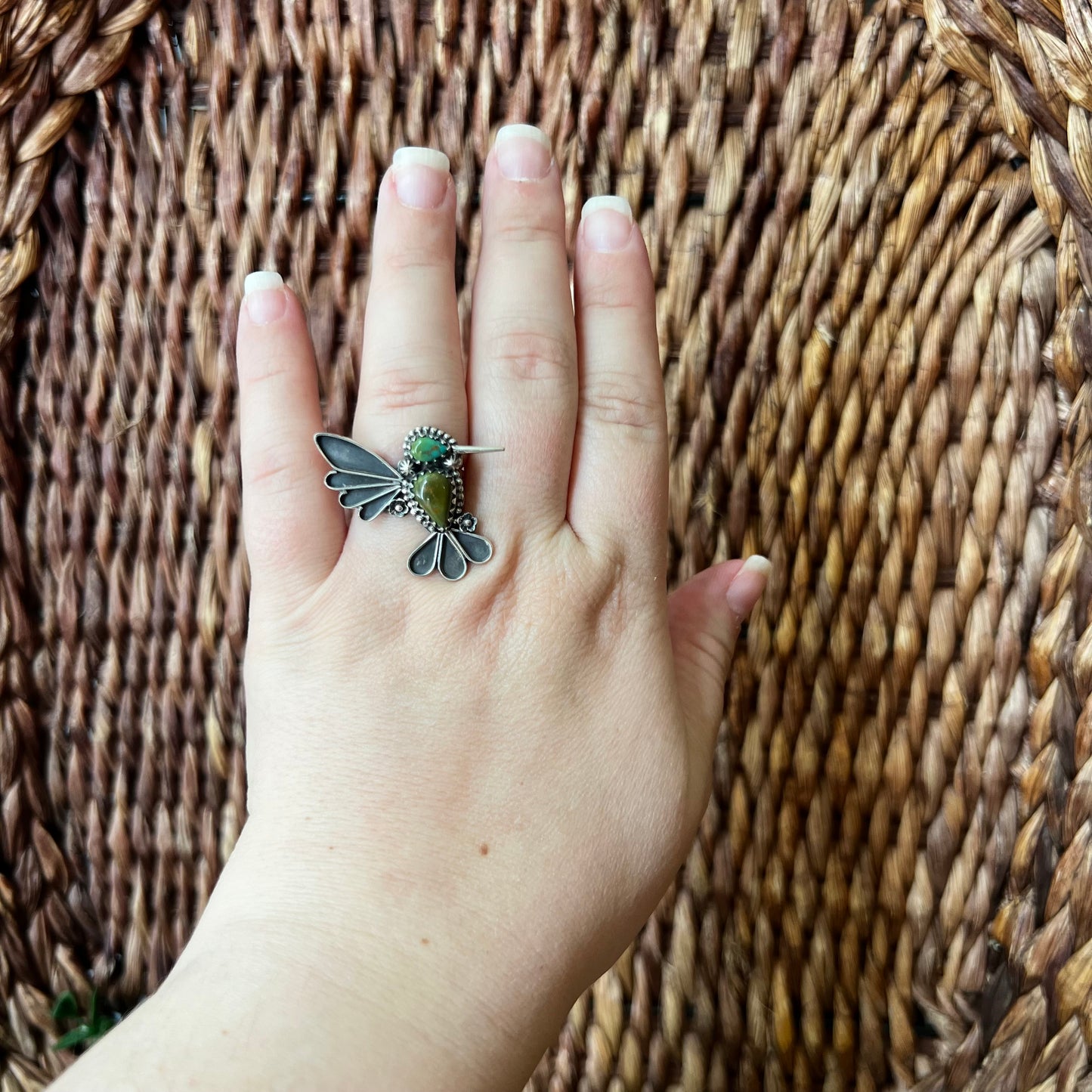 Sterling Silver Kingman Turquoise Hummingbird Ring Size 8