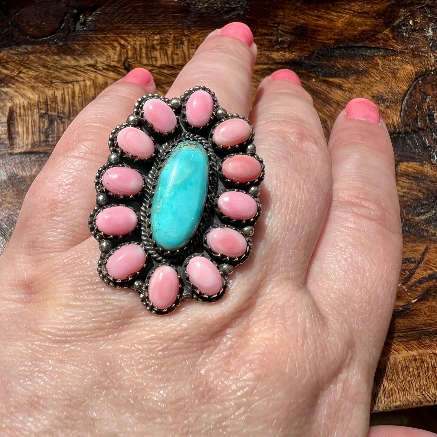 Desert Bloom Cluster Ring – Kingman Turquoise & Queen Conch Sterling Silver