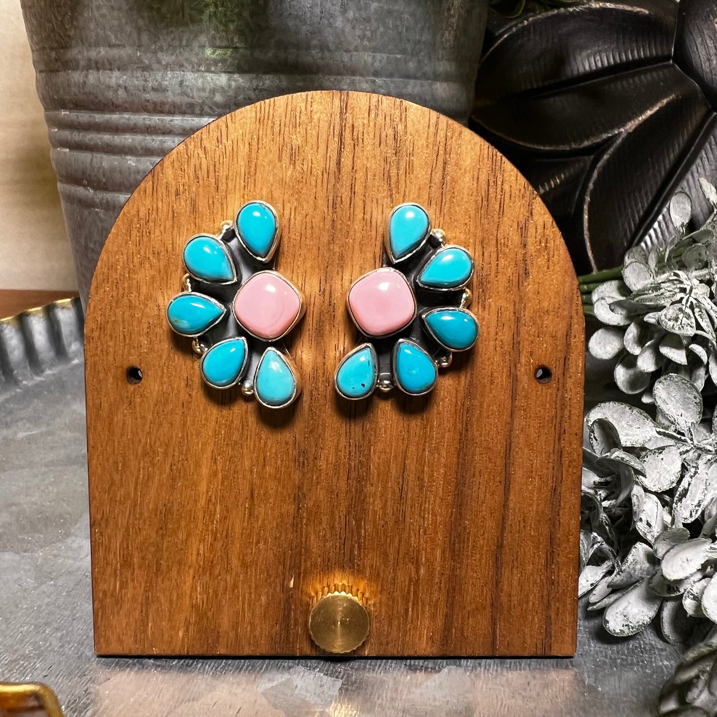 Pink Conch & Kingman Turquoise Cluster Sterling Silver Earrings