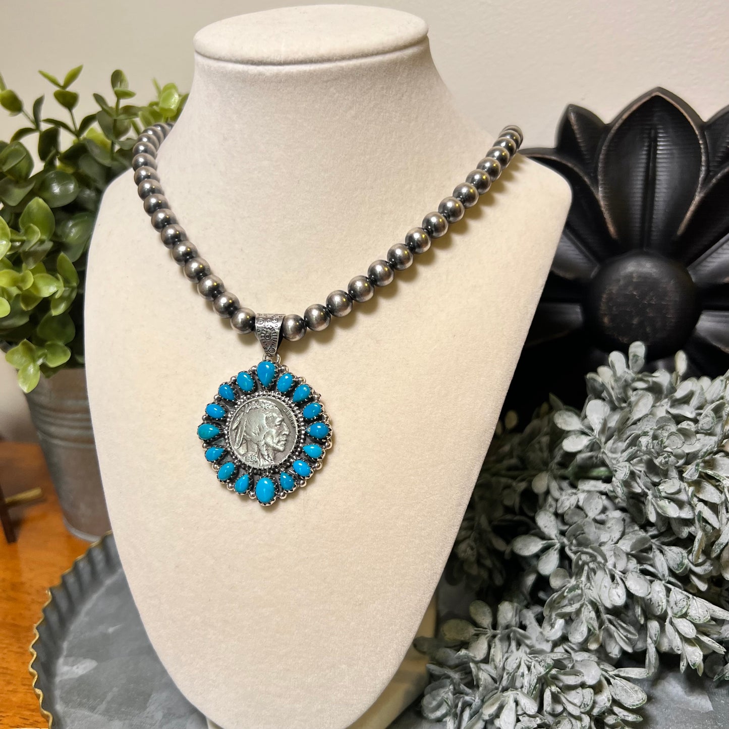 1936 Buffalo Nickel & Kingman Turquoise Cluster Pendant