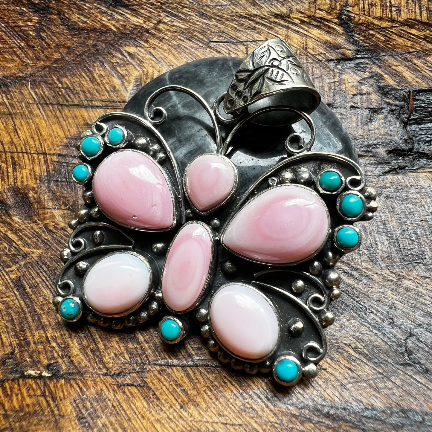 Sterling Silver Queen Conch & Kingman Turquoise Butterfly Pendant