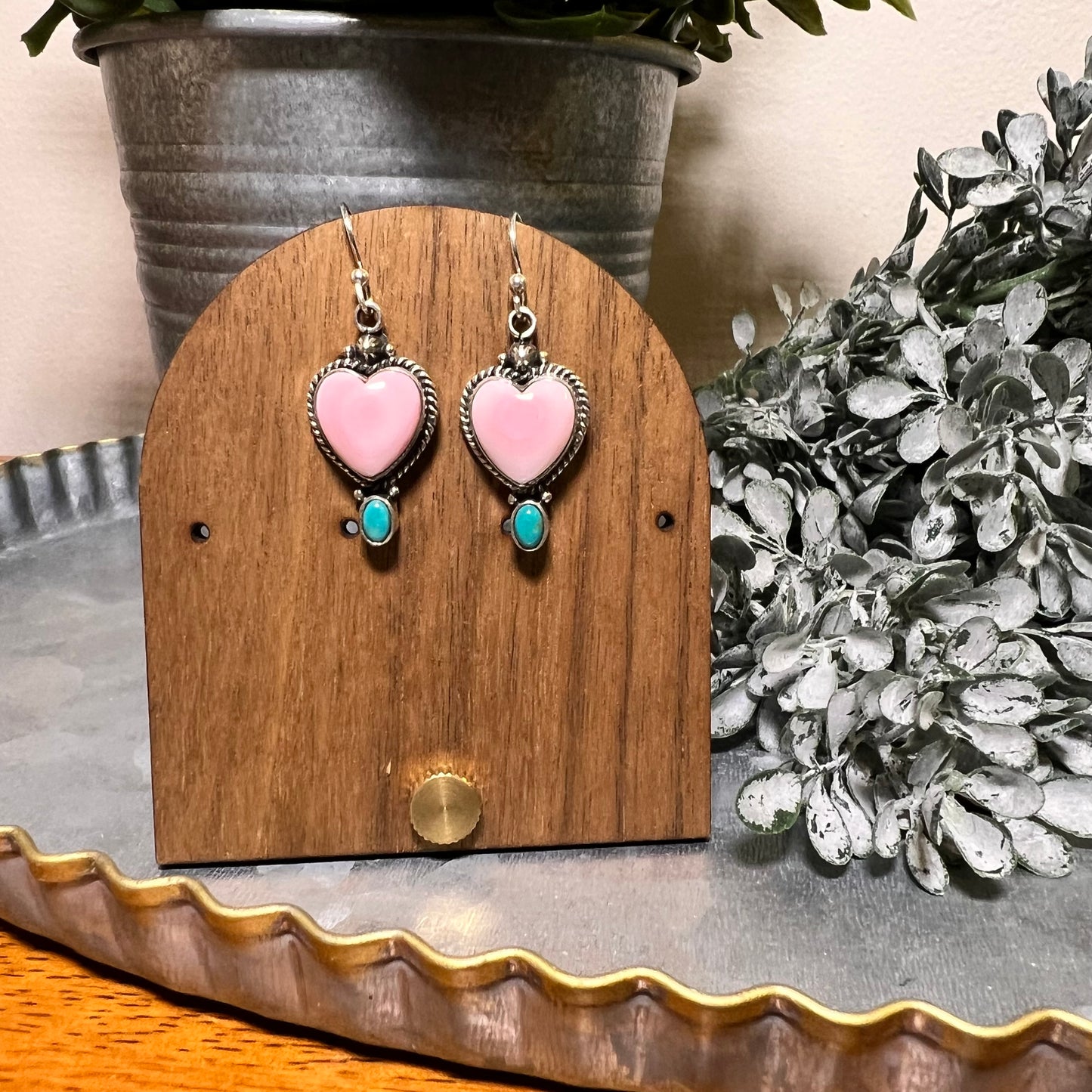 Pink Queen Conch Heart & Turquoise Dangle Earrings – Sterling Silver