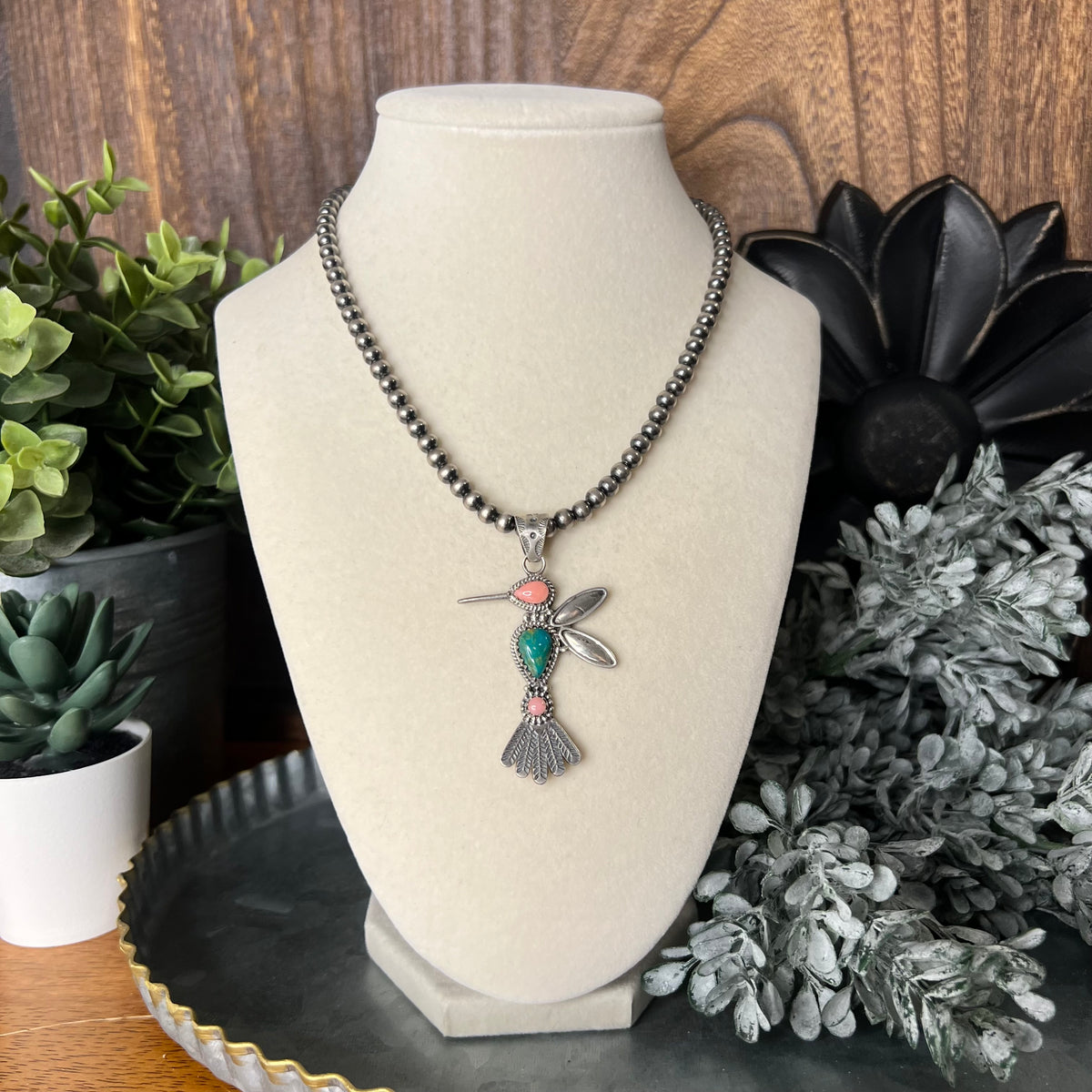 Sterling Silver Multi-Stone Hummingbird Pendant | Turquoise or Spiny Oyster