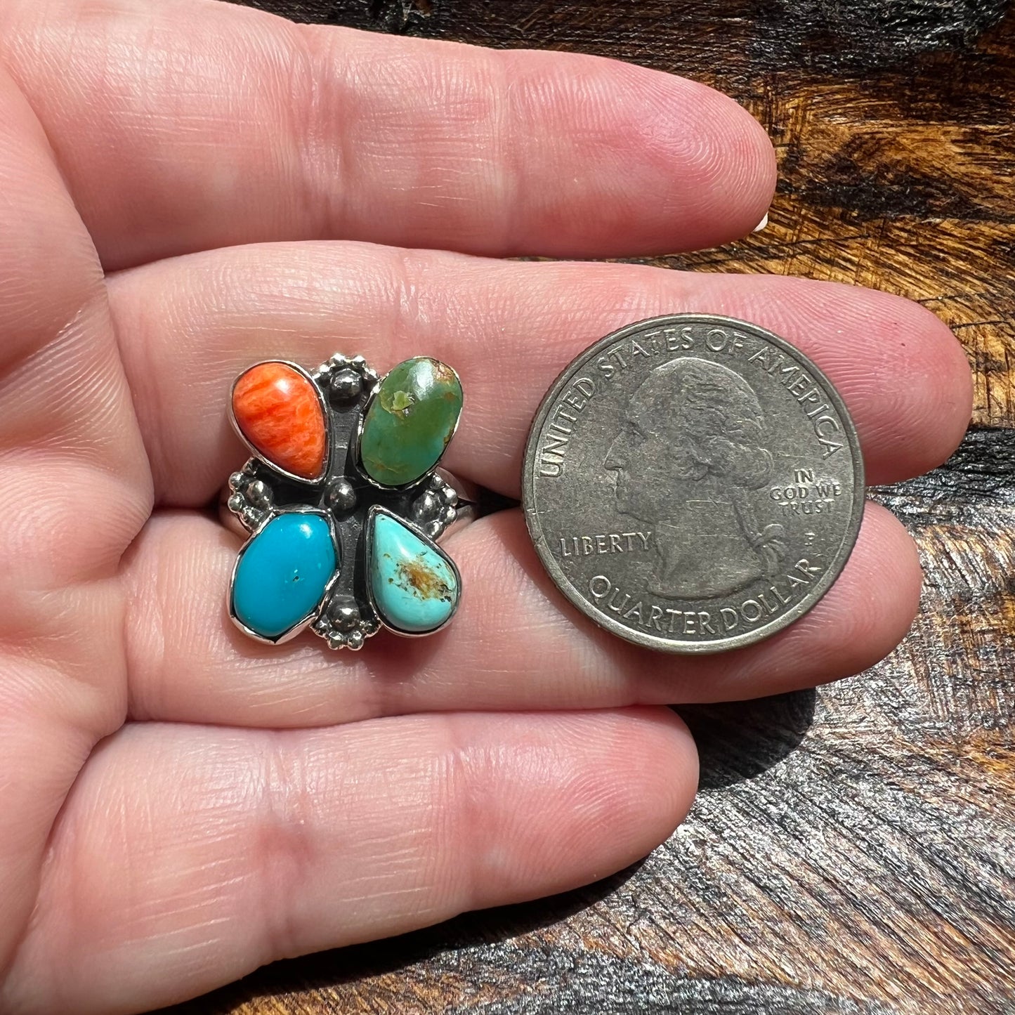 Kingman Turquoise & Spiny Oyster Cluster Ring – Size 8.75