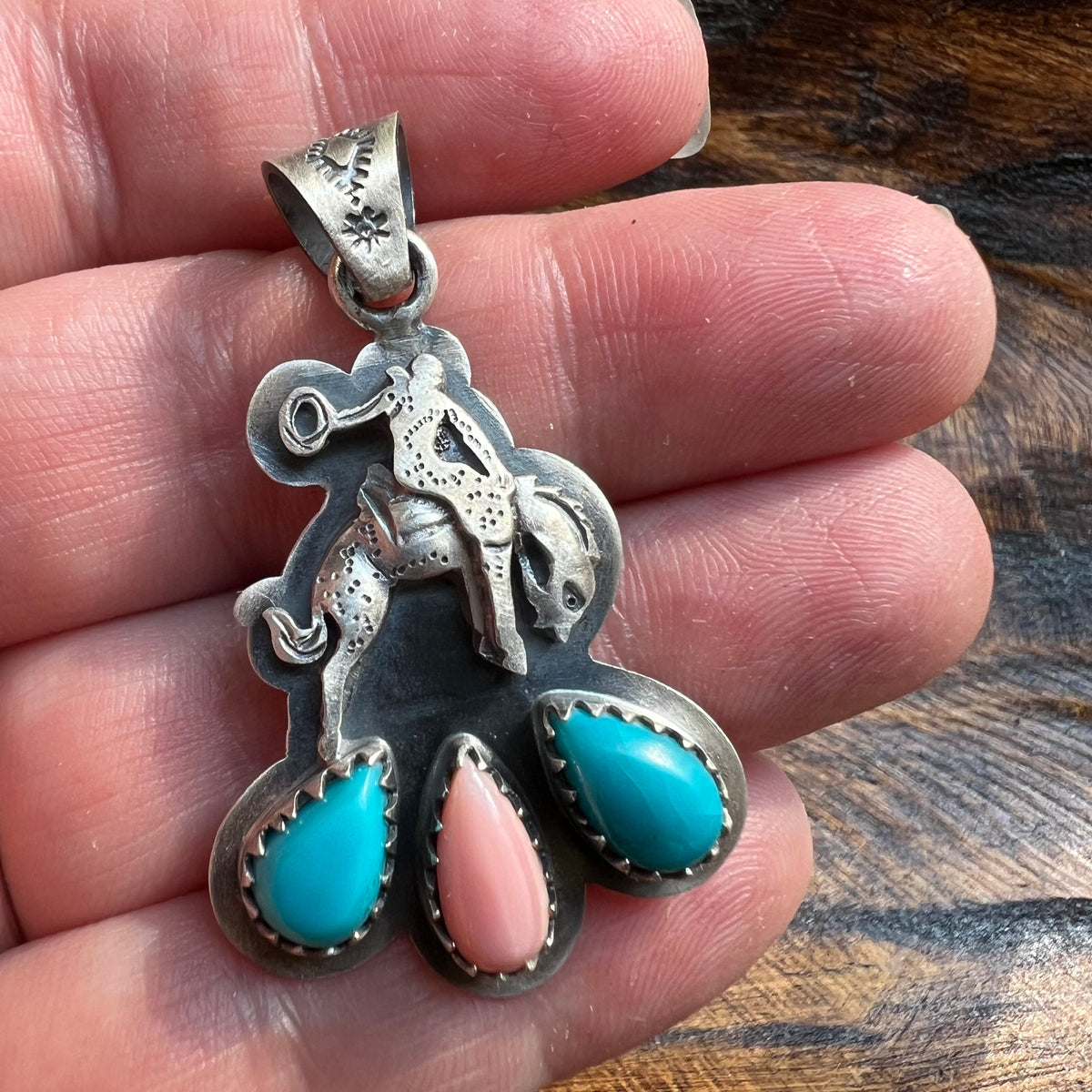 Sterling Silver Kingman Turquoise Queen Conch Bucking Bronco Pendant