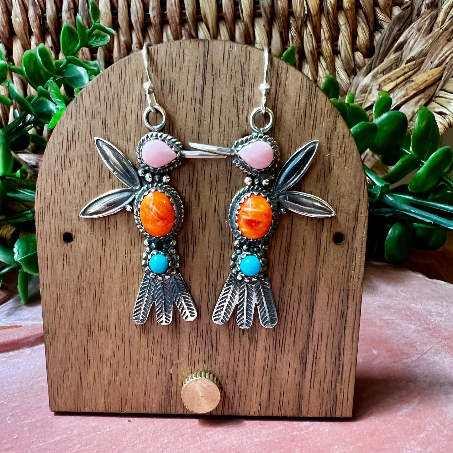 Multi-Stone Hummingbird Earrings – Pink Conch, Spiny Oyster & Turquoise