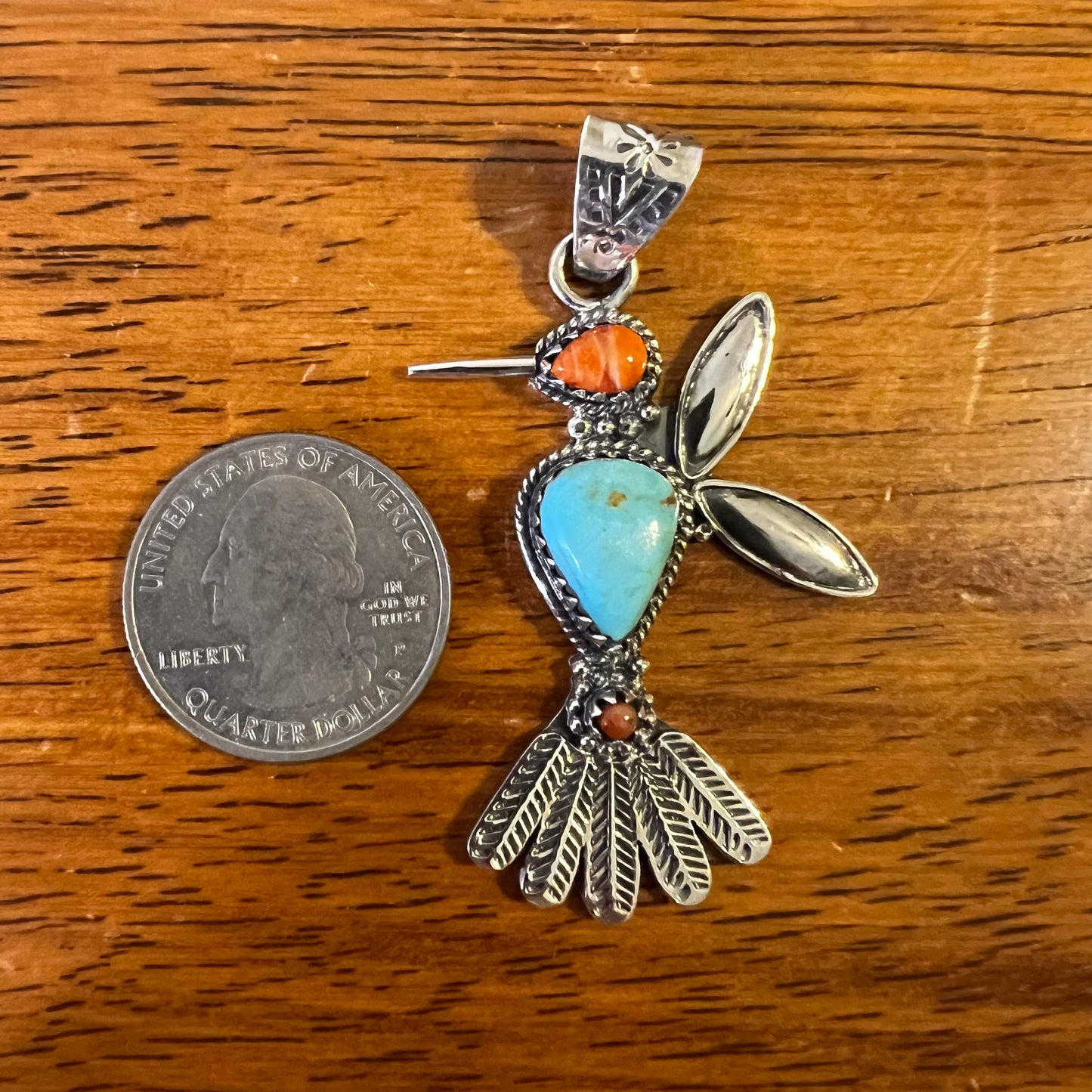 Kingman Turquoise Spiny Oyster Coral Hummingbird Pendant