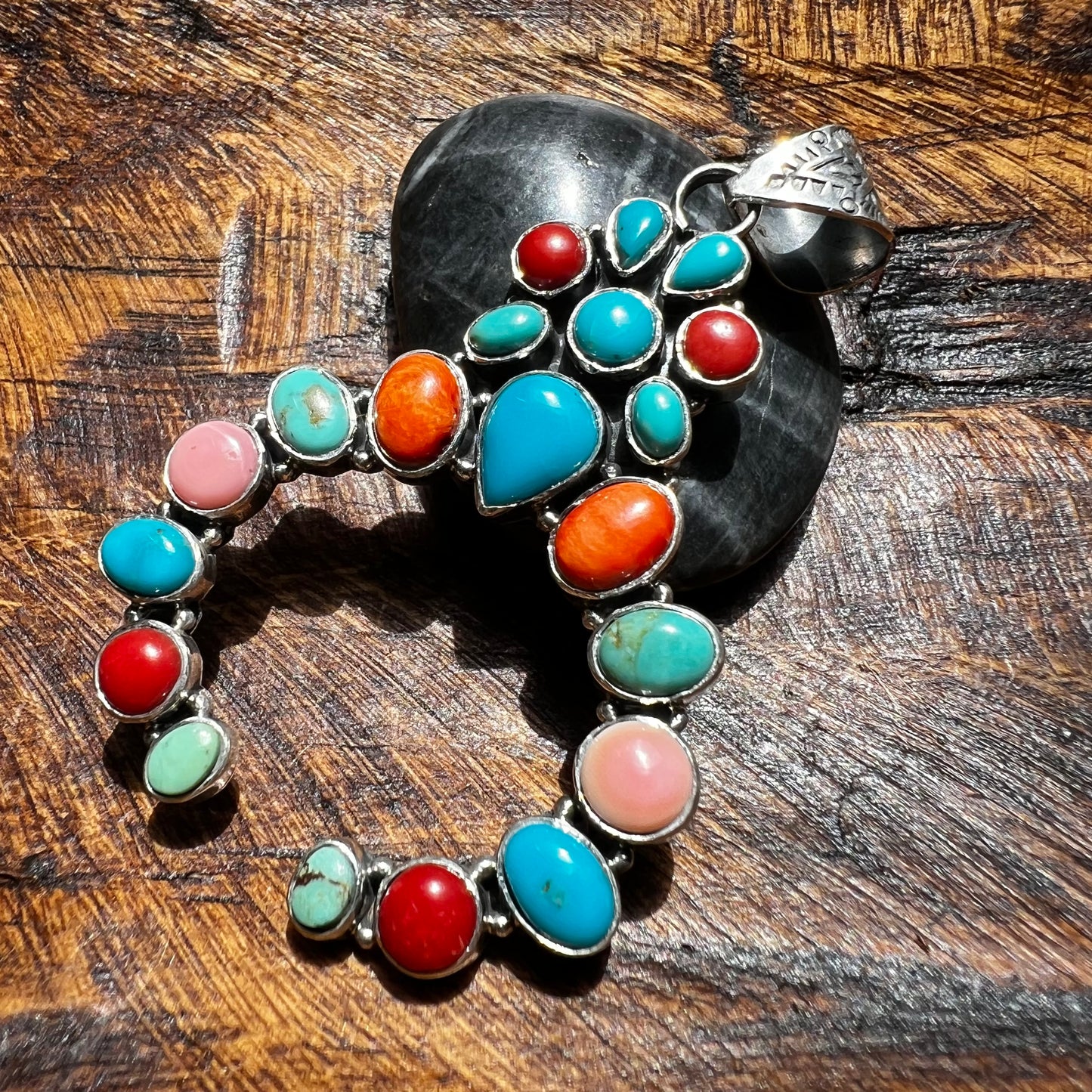 Multi Stone Naja Pendant – Kingman Turquoise, Coral & Conch – Sterling Silver