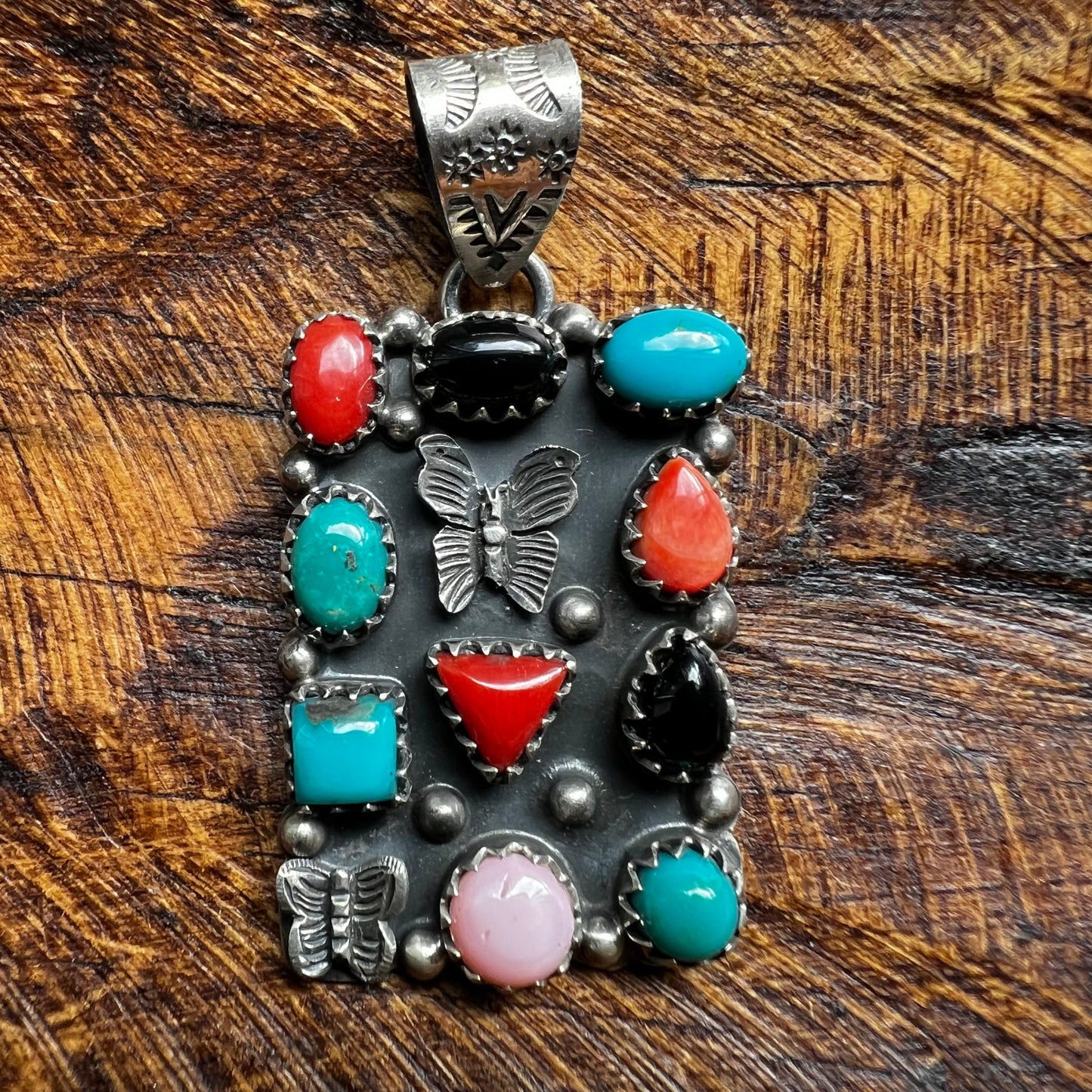 Sterling Silver Multi-Stone Butterfly Statement Pendant | Turquoise, Red Coral, Queen Conch & Black Onyx