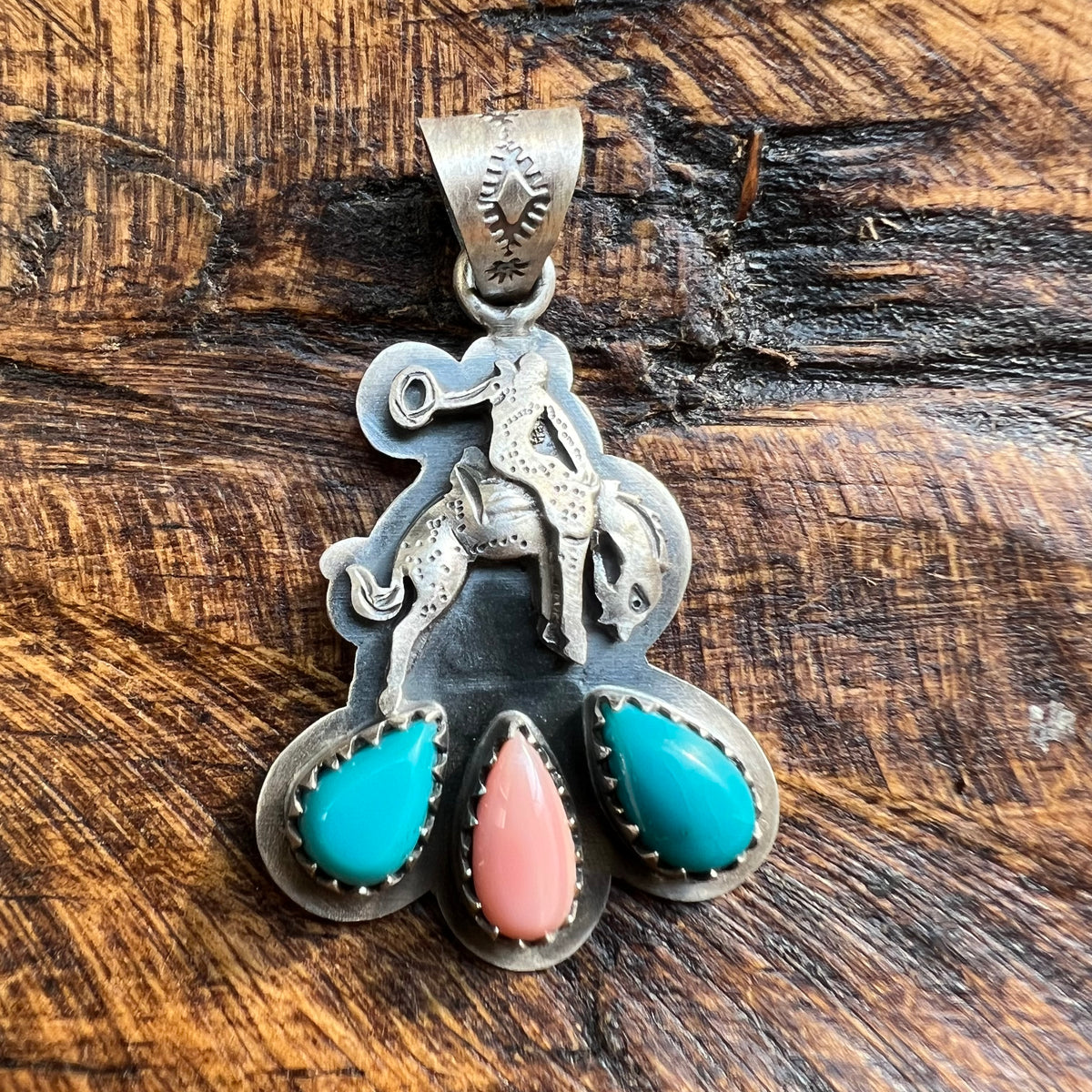 Sterling Silver Kingman Turquoise Queen Conch Bucking Bronco Pendant