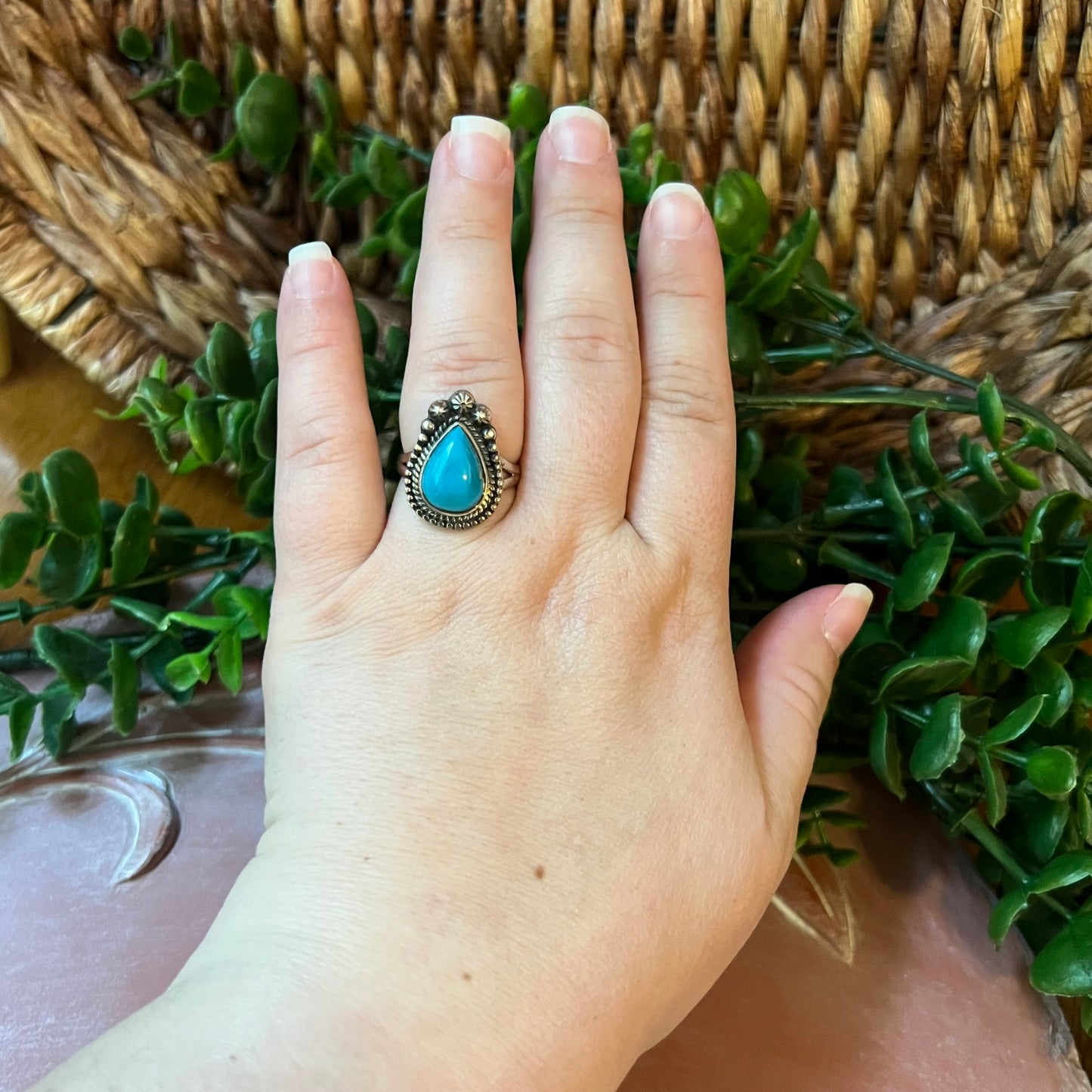 Sterling Silver Kingman Turquoise Teardrop Ring Size 8.5