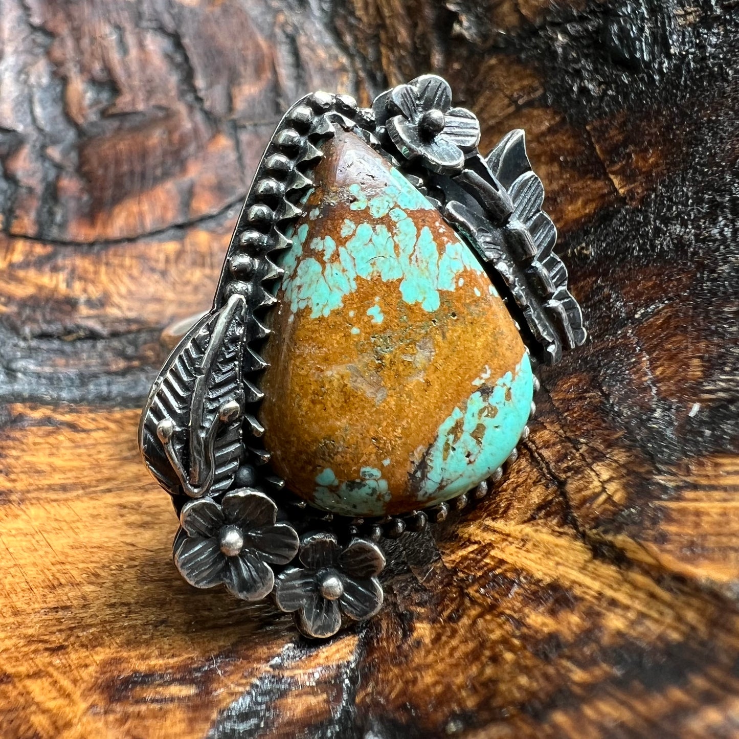 925 Sterling Silver Kingman Turquoise Floral Butterfly Statement Ring Sz 9