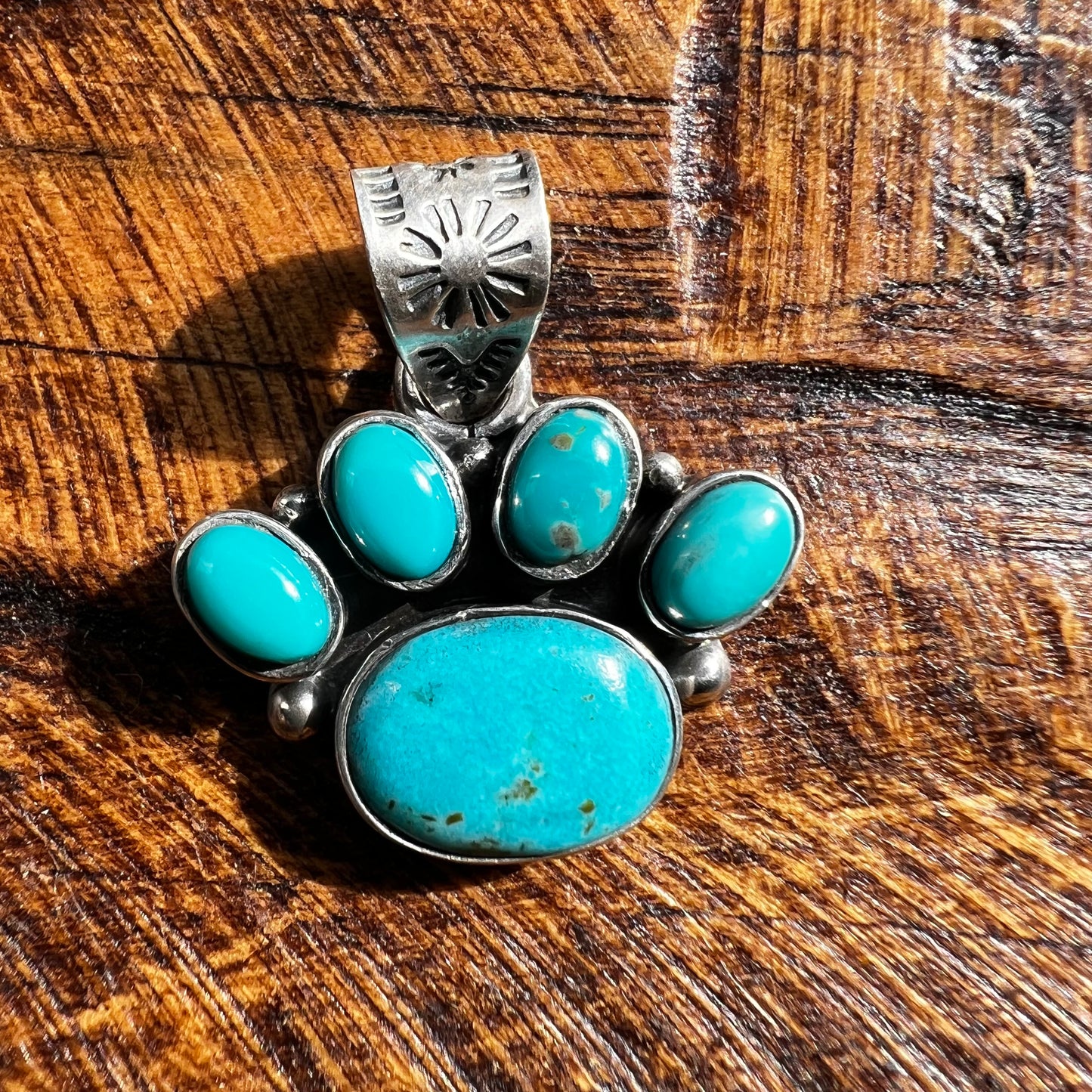 Kingman Turquoise Paw Pendant Sterling Silver Handmade Southwestern