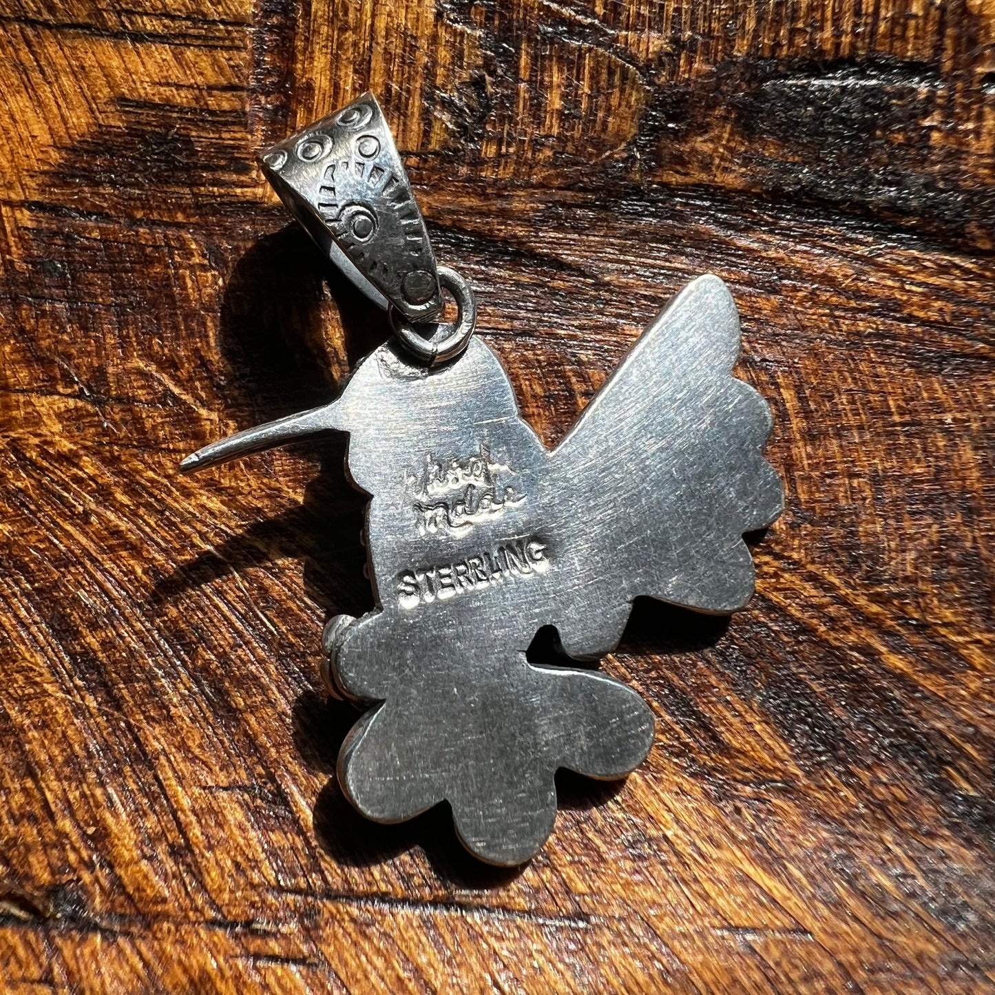 Sterling Silver Hummingbird Pendant – Pink Conch & Kingman Turquoise