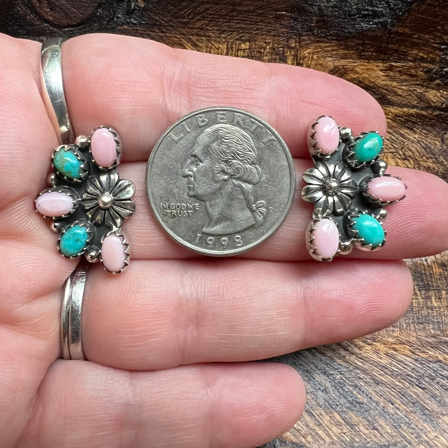 Sterling Silver Kingman Turquoise Pink Queen Conch Half Cluster Earrings