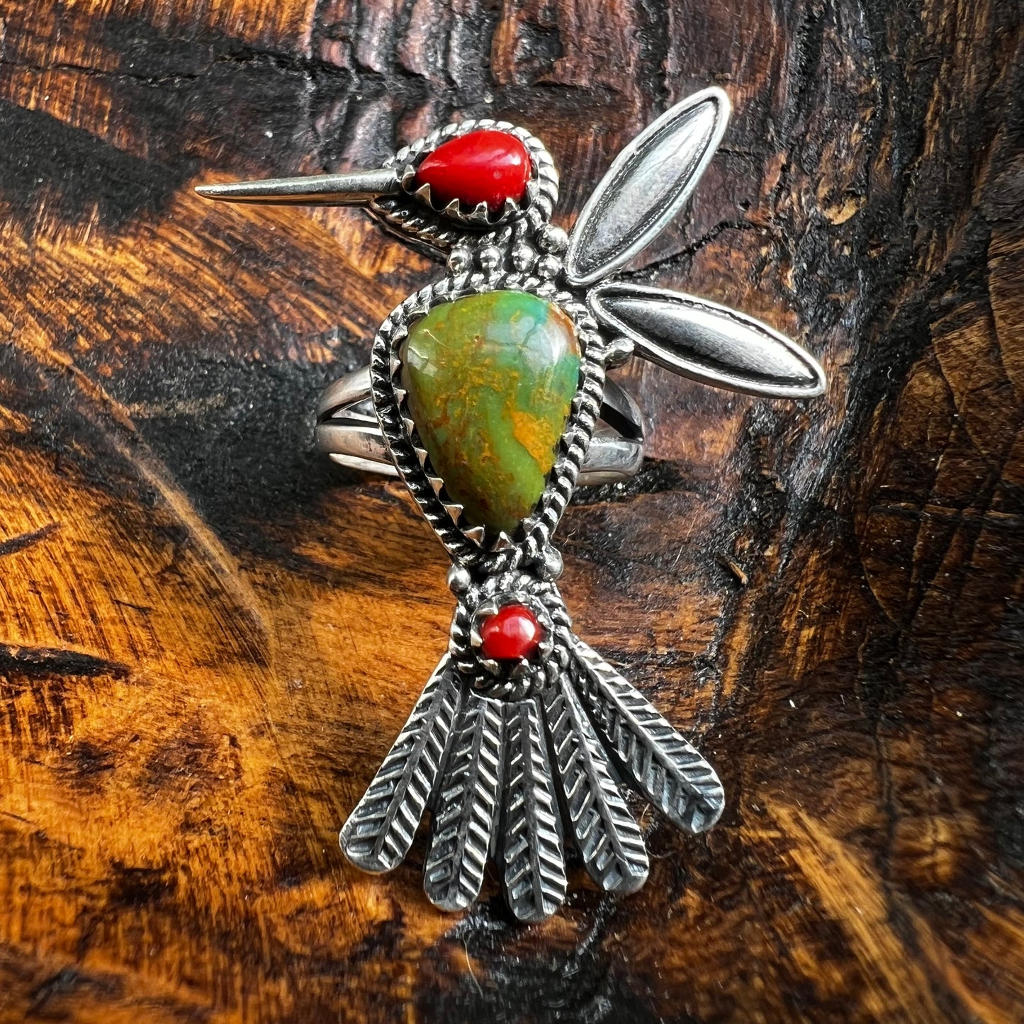 Sterling Silver Hummingbird Ring Kingman Turquoise & Red Coral Size 7