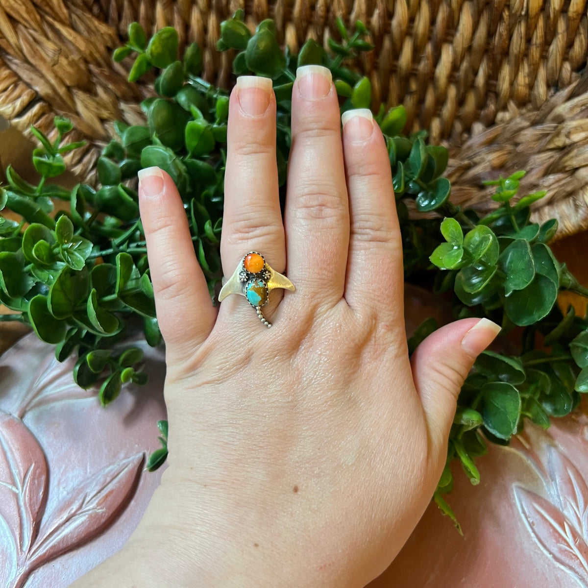 Sterling Silver Manta Ray Ring – Turquoise with Queen Conch or Spiny Oyster