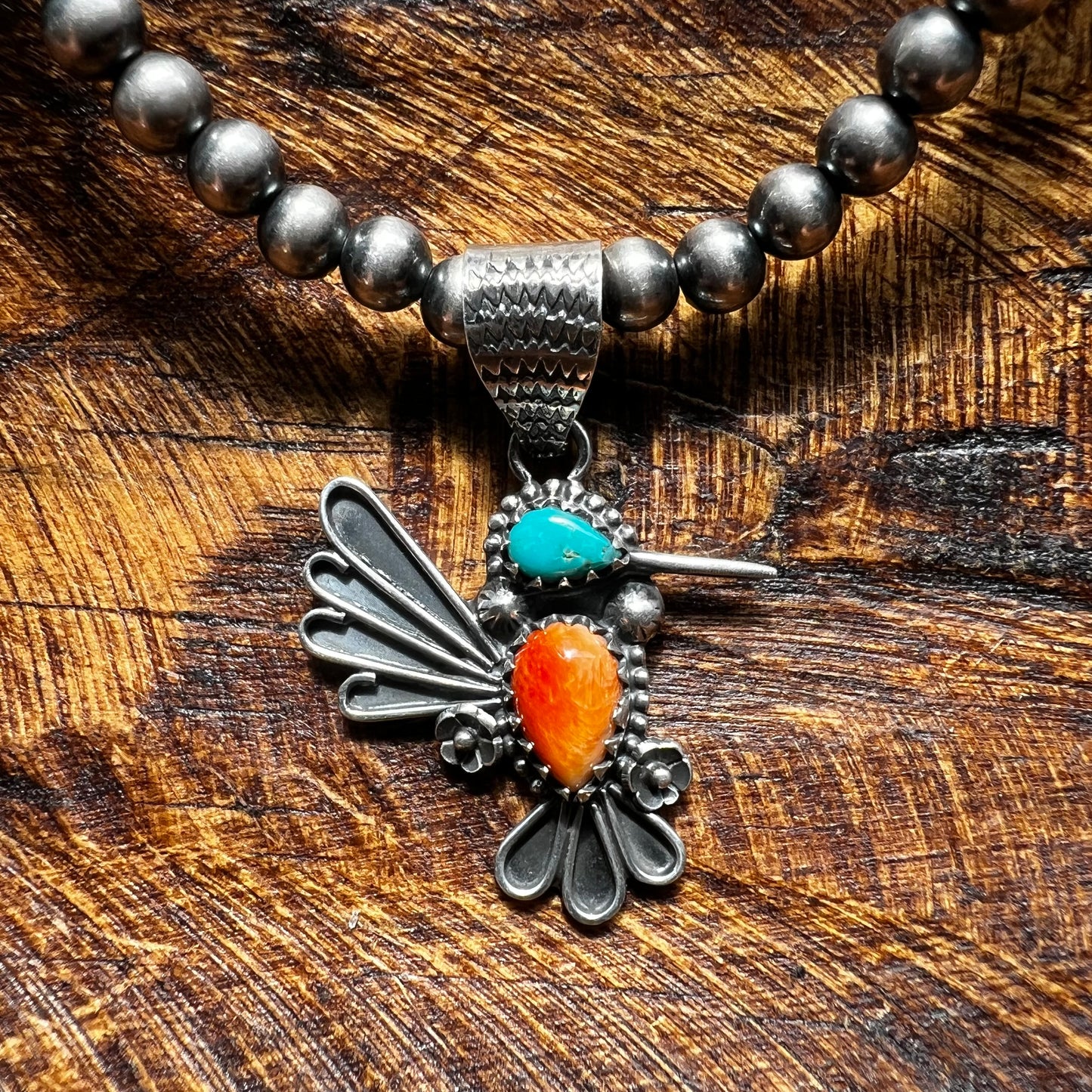 Turquoise & Spiny Oyster Hummingbird Sterling Silver Pendant