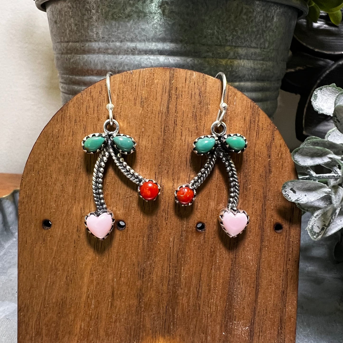 Kingman Turquoise, Queen Conch & Italian Coral Cherry Earrings