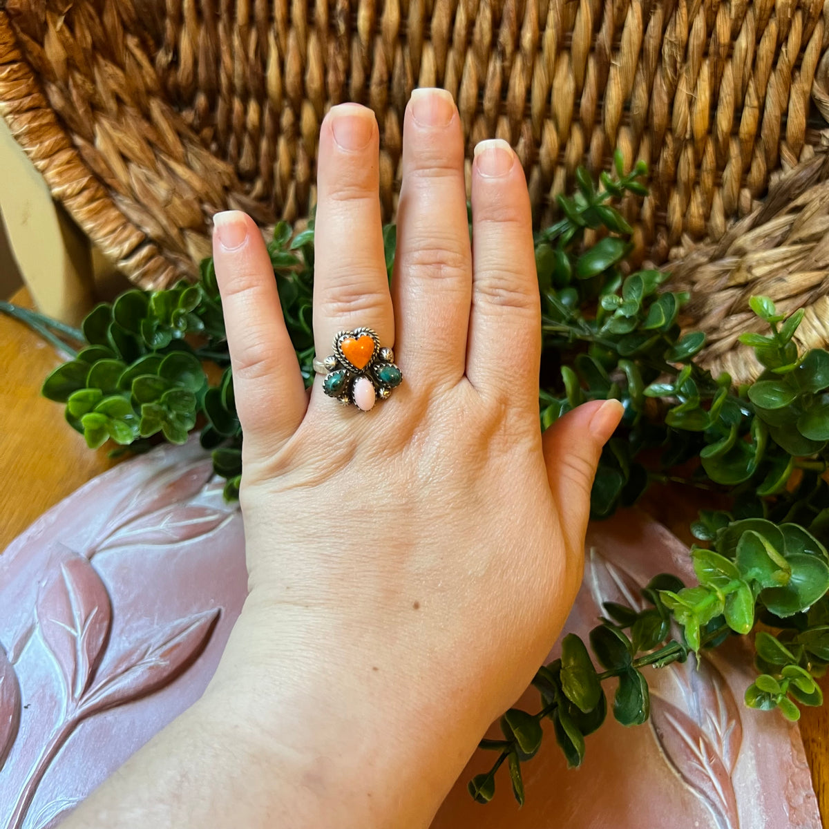 Sterling Silver Spiny Oyster, Kingman Turquoise & Queen Conch Cluster Ring – Size 9