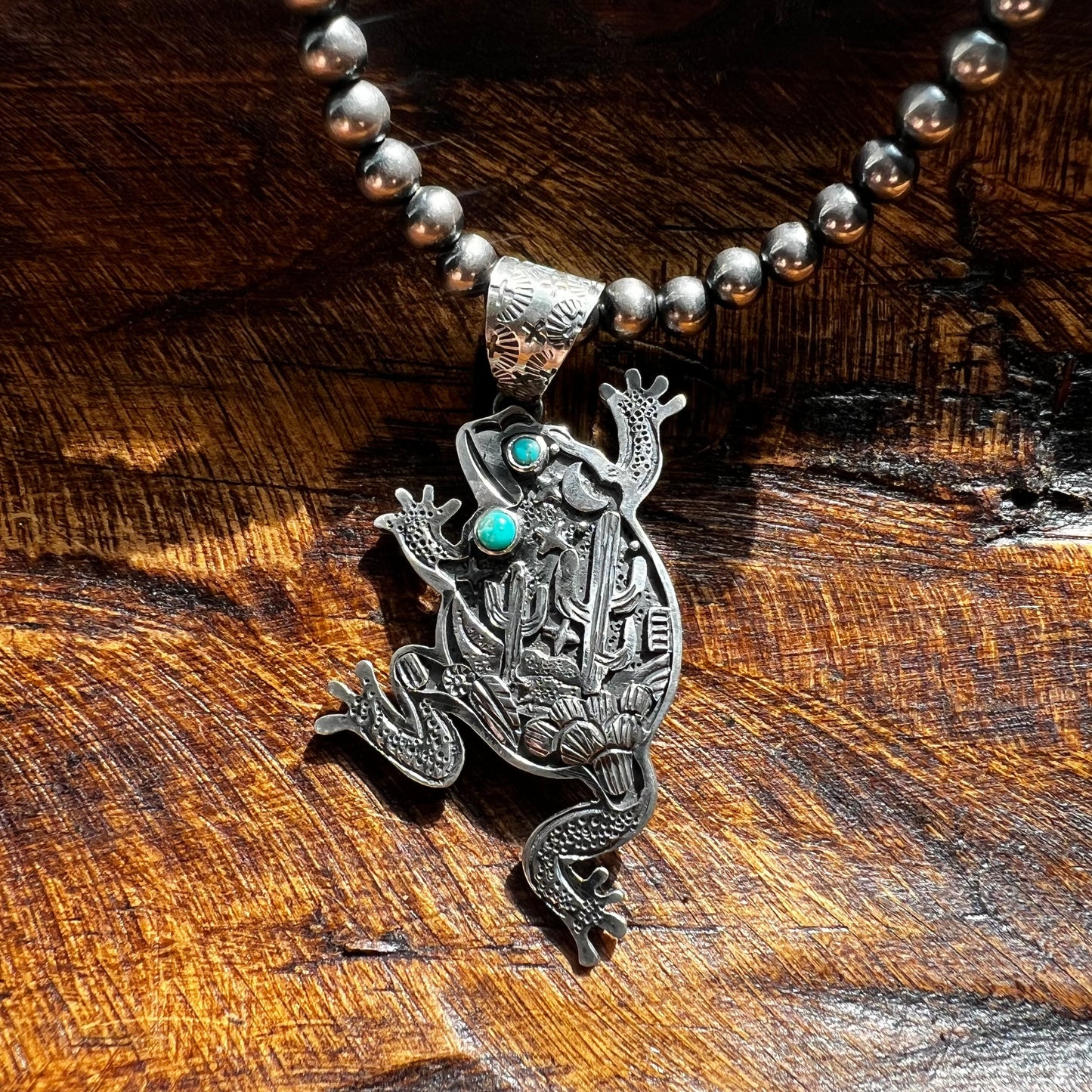 Storyteller Frog Pendant in Sterling Silver with Kingman Turquoise