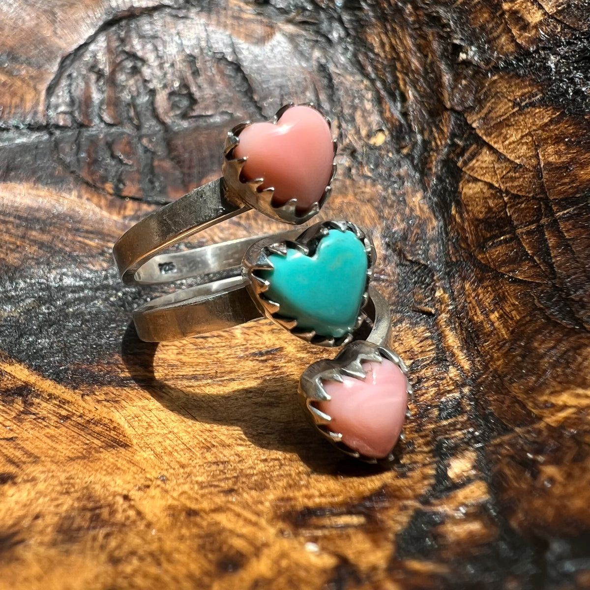 Sterling Silver Kingman Turquoise & Queen Conch Heart Wrap Ring