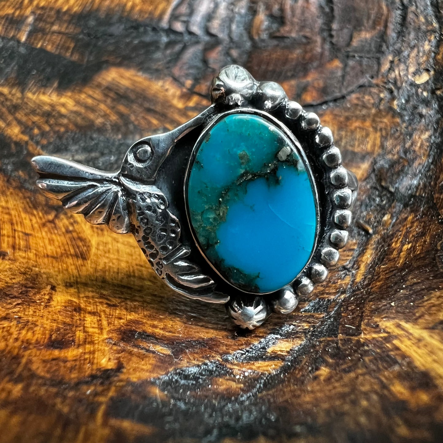 Kingman Turquoise Hummingbird Sterling Silver Ring – Size 9.5