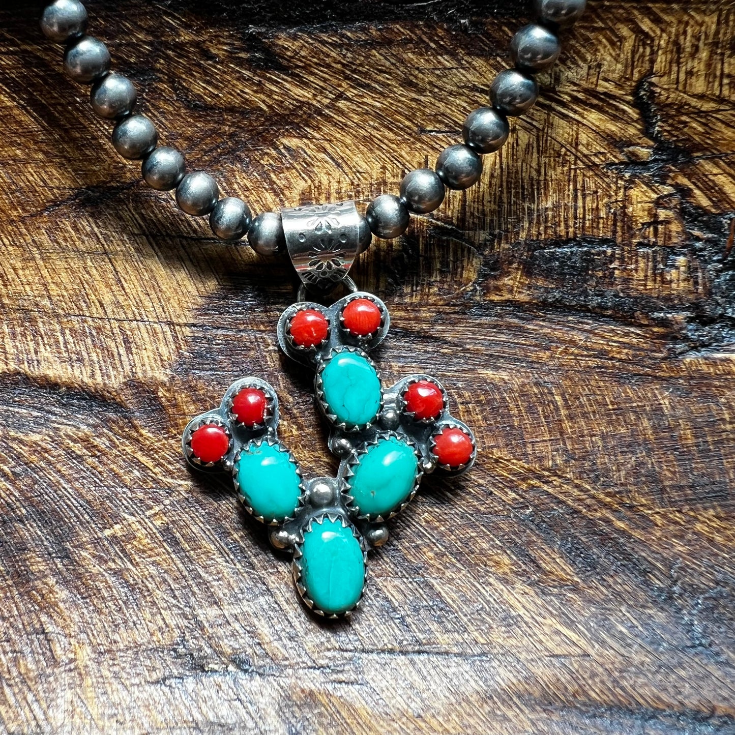 Kingman Turquoise & Coral Cactus Sterling Silver Pendant