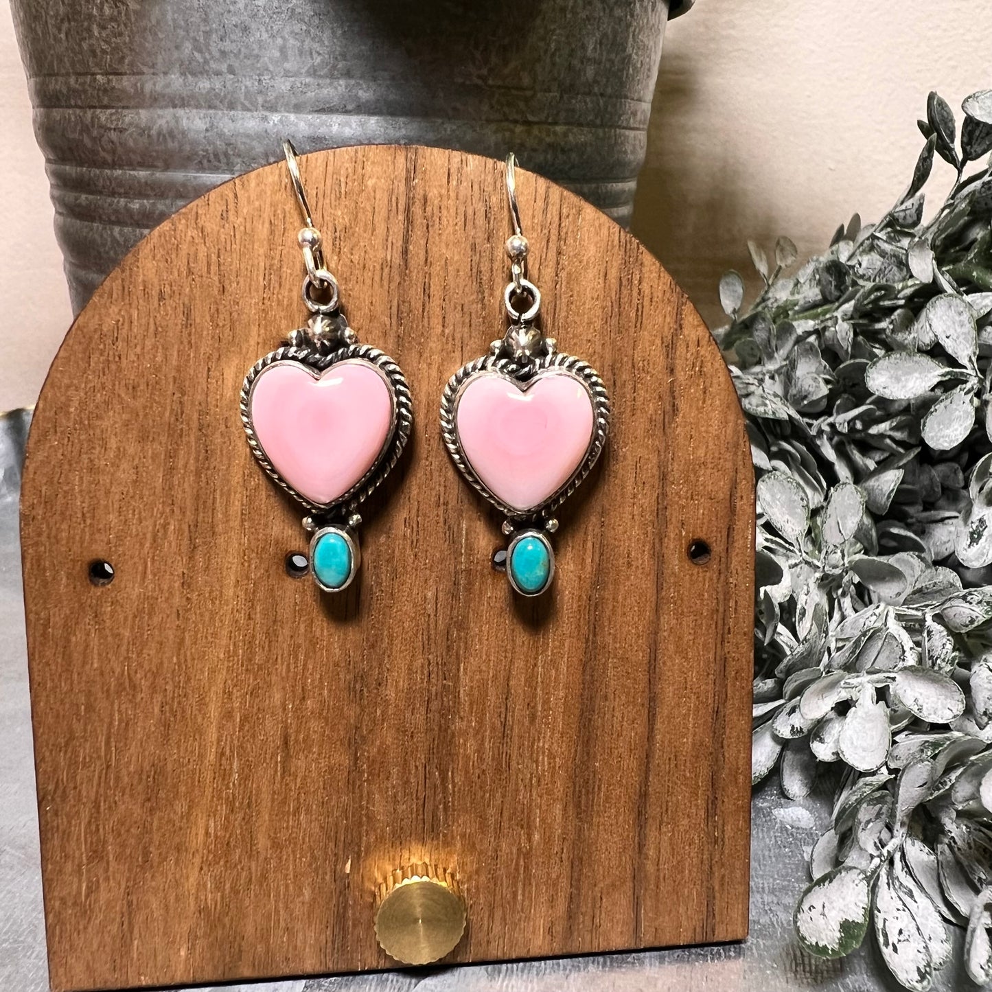 Pink Queen Conch Heart & Turquoise Dangle Earrings – Sterling Silver