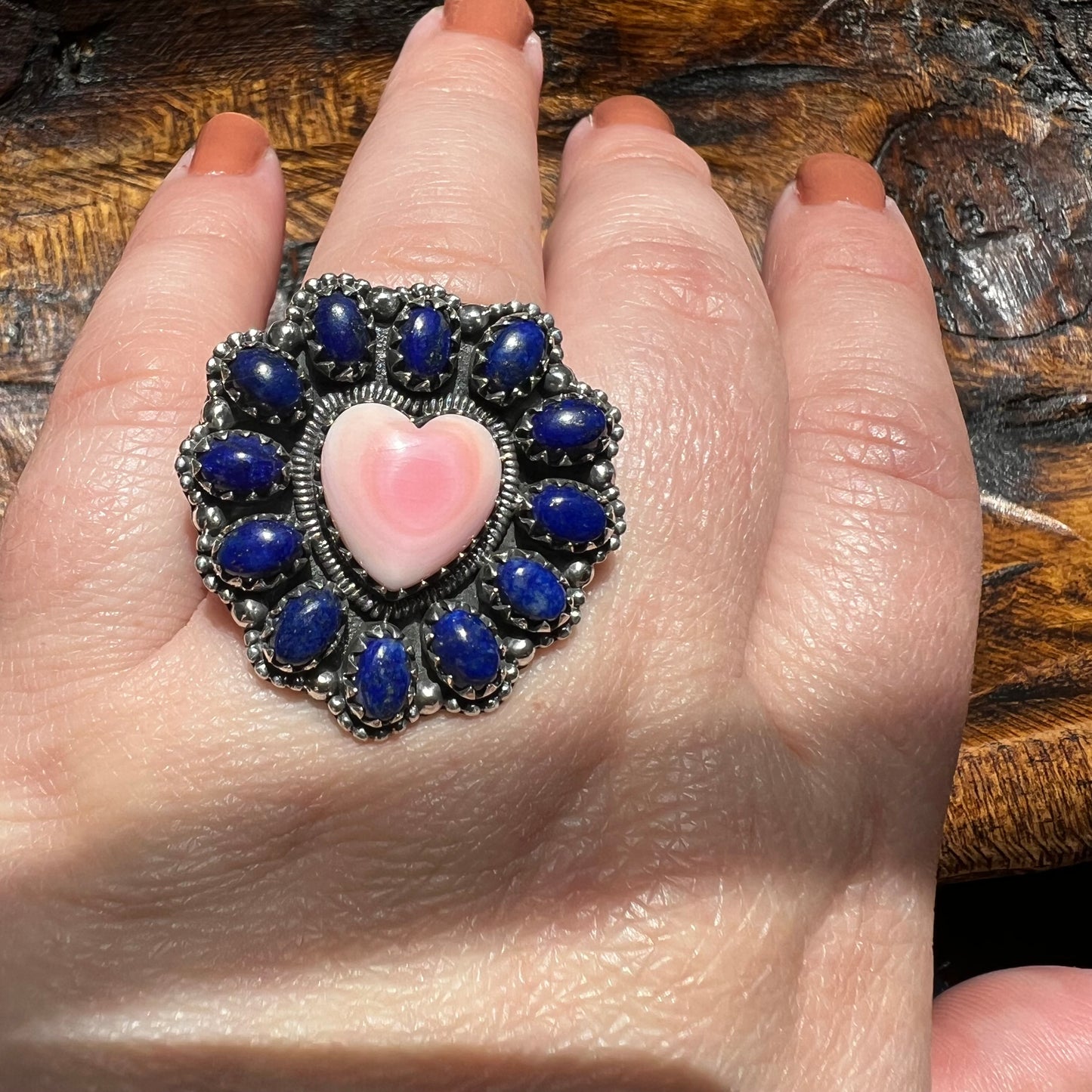 Pink Queen Conch Heart & Lapis Lazuli Statement Ring – Sterling Silver