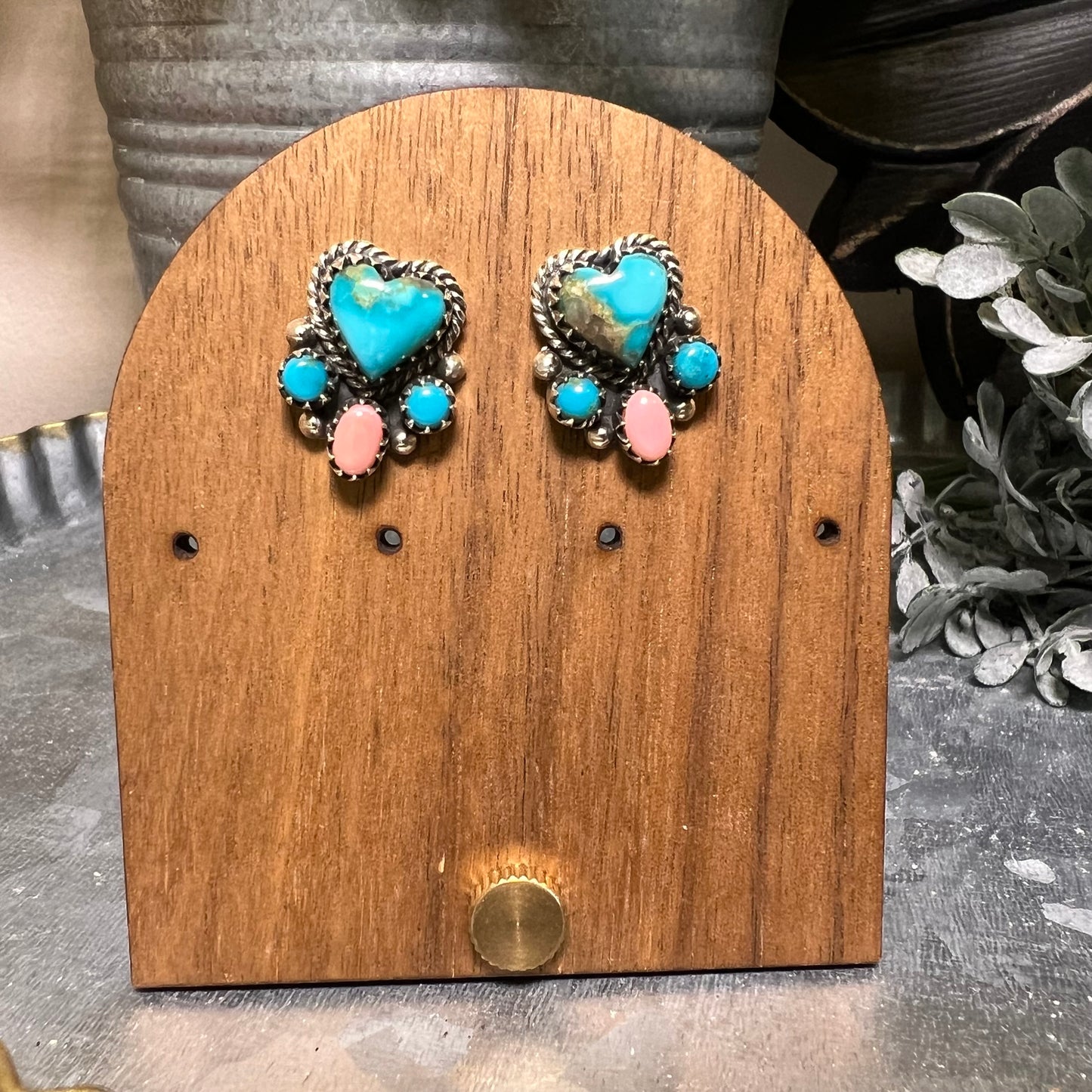Sterling Silver Turquoise Queen Conch Heart Cluster Stud Earrings