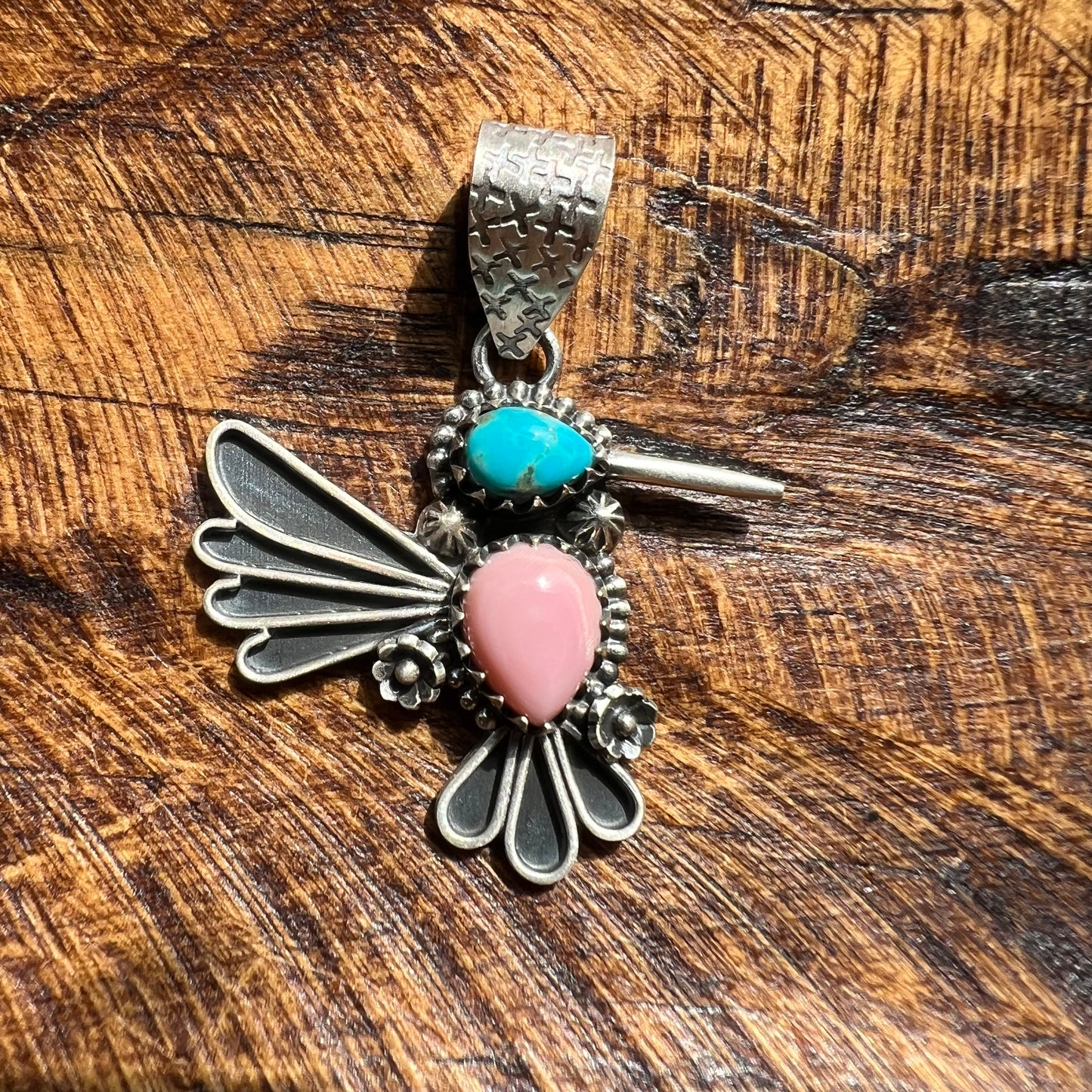 Sterling Silver Kingman Turquoise Queen Conch Hummingbird Pendant