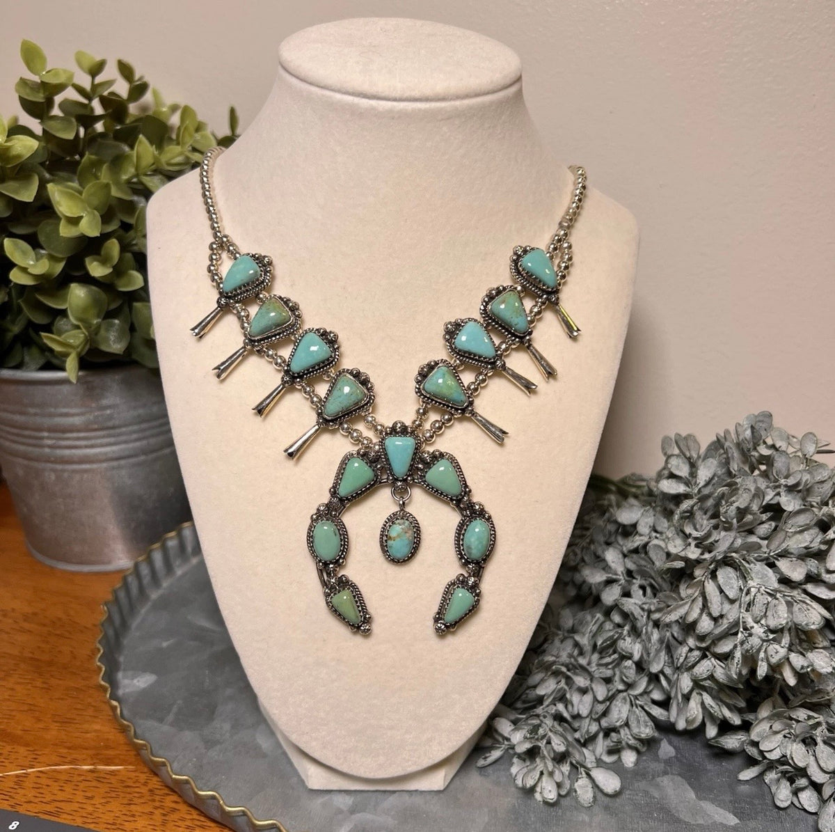 Kingman Turquoise Squash Blossom Necklace Sterling Silver