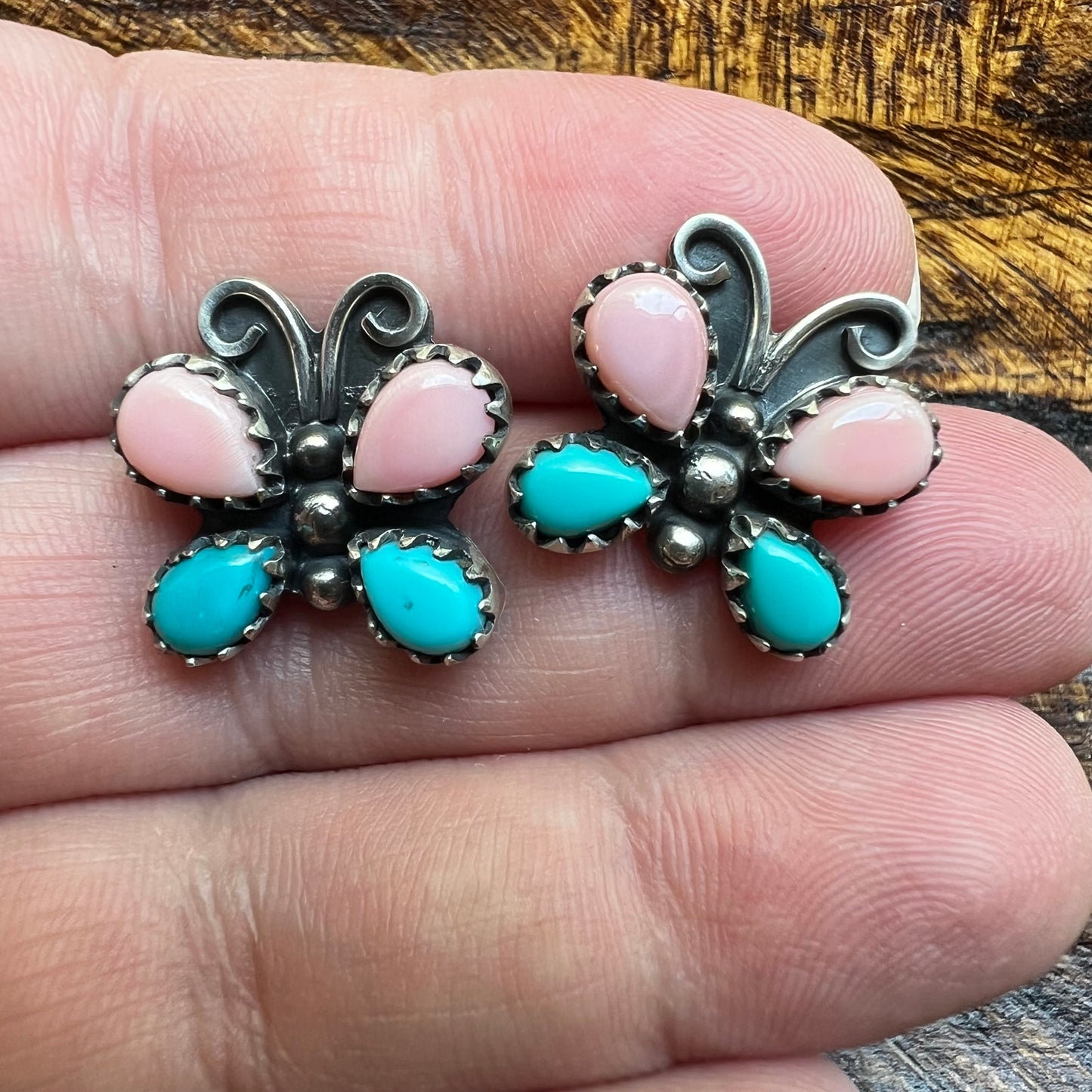 Sterling Silver Queen Conch & Kingman Turquoise Butterfly Stud Earrings