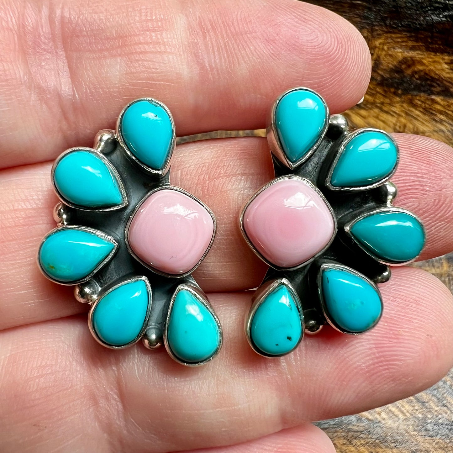 Pink Conch & Kingman Turquoise Cluster Sterling Silver Earrings
