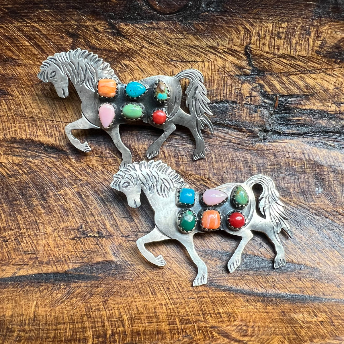 Sterling Silver Multi-Stone Horse Pendant – Kingman Turquoise, Queen Conch, Spiny Oyster & Italian Red Coral