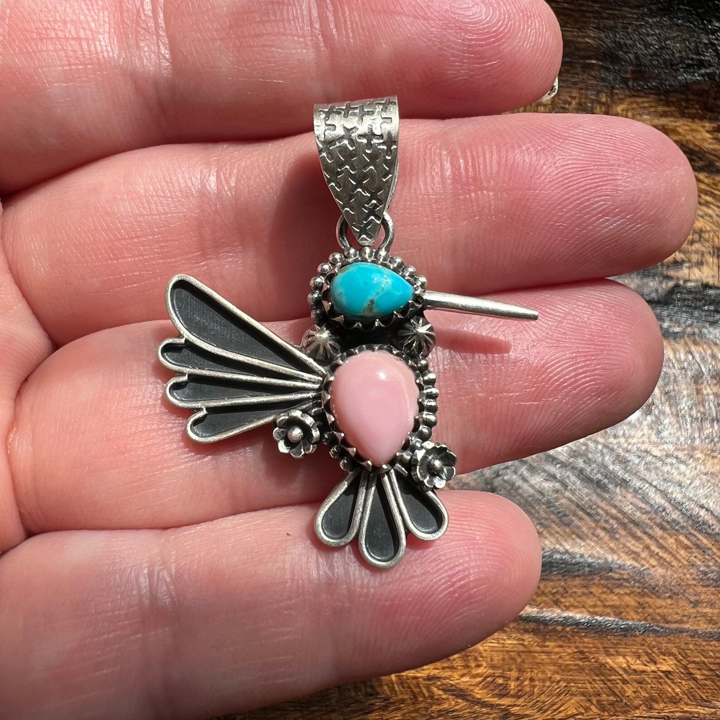 Sterling Silver Kingman Turquoise Queen Conch Hummingbird Pendant