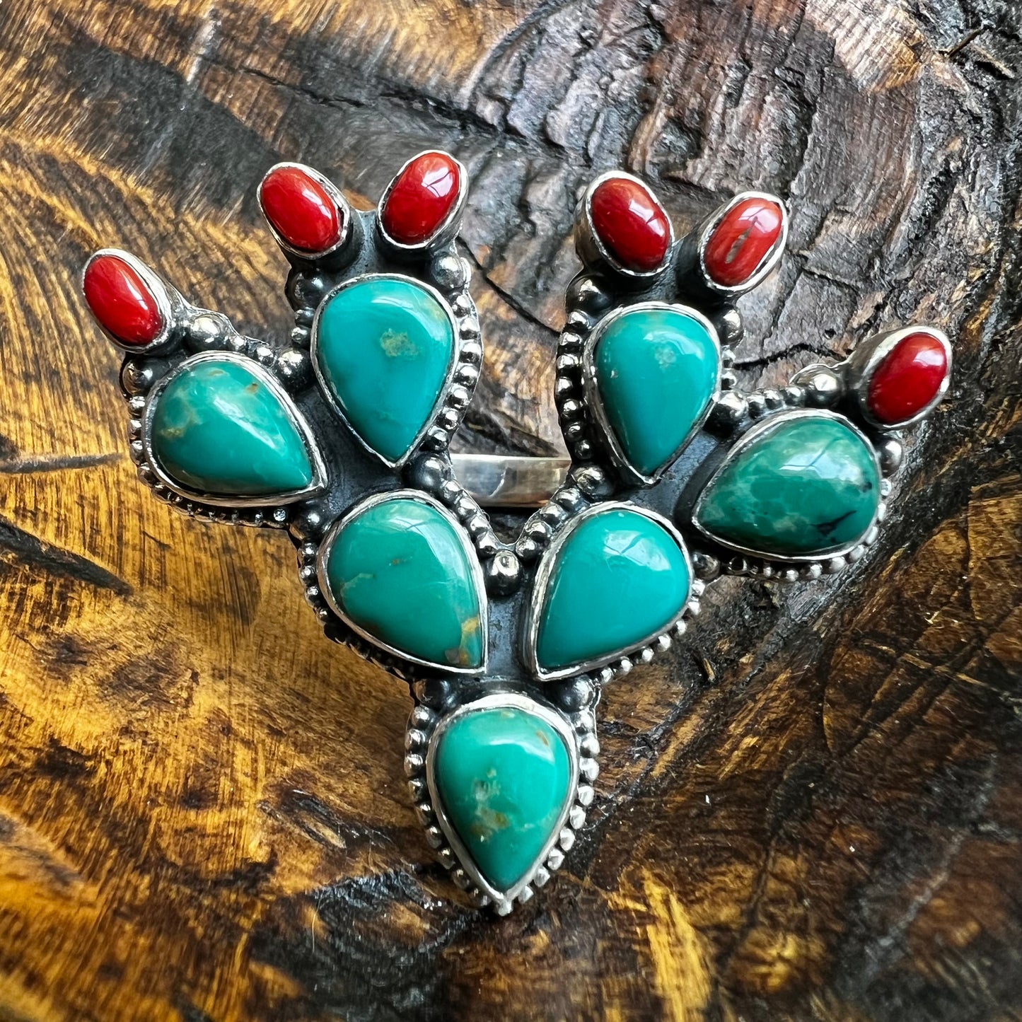 Sterling Kingman Turquoise Red Coral Cactus Ring Size 8 Statement Ring