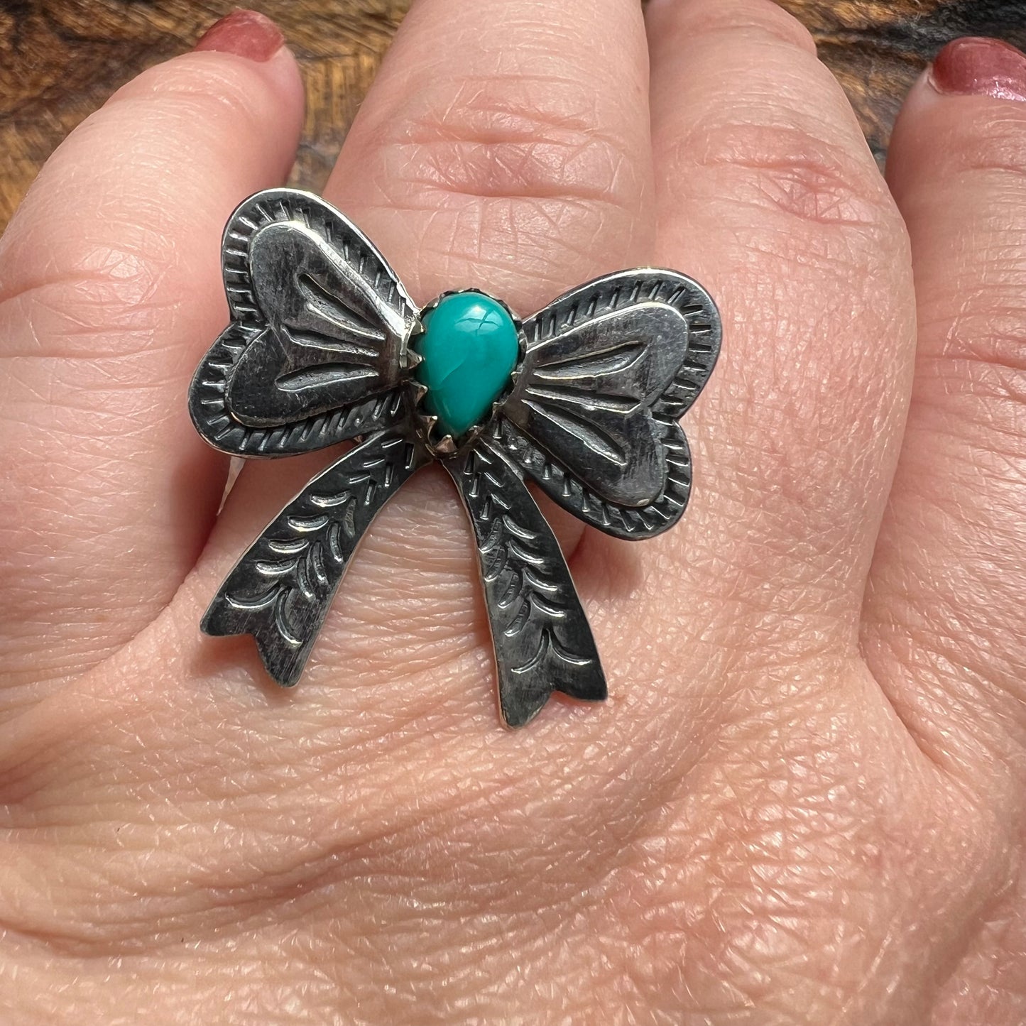 925 Sterling Silver Kingman Turquoise Bow Ring Size 8 Western Statement Ring