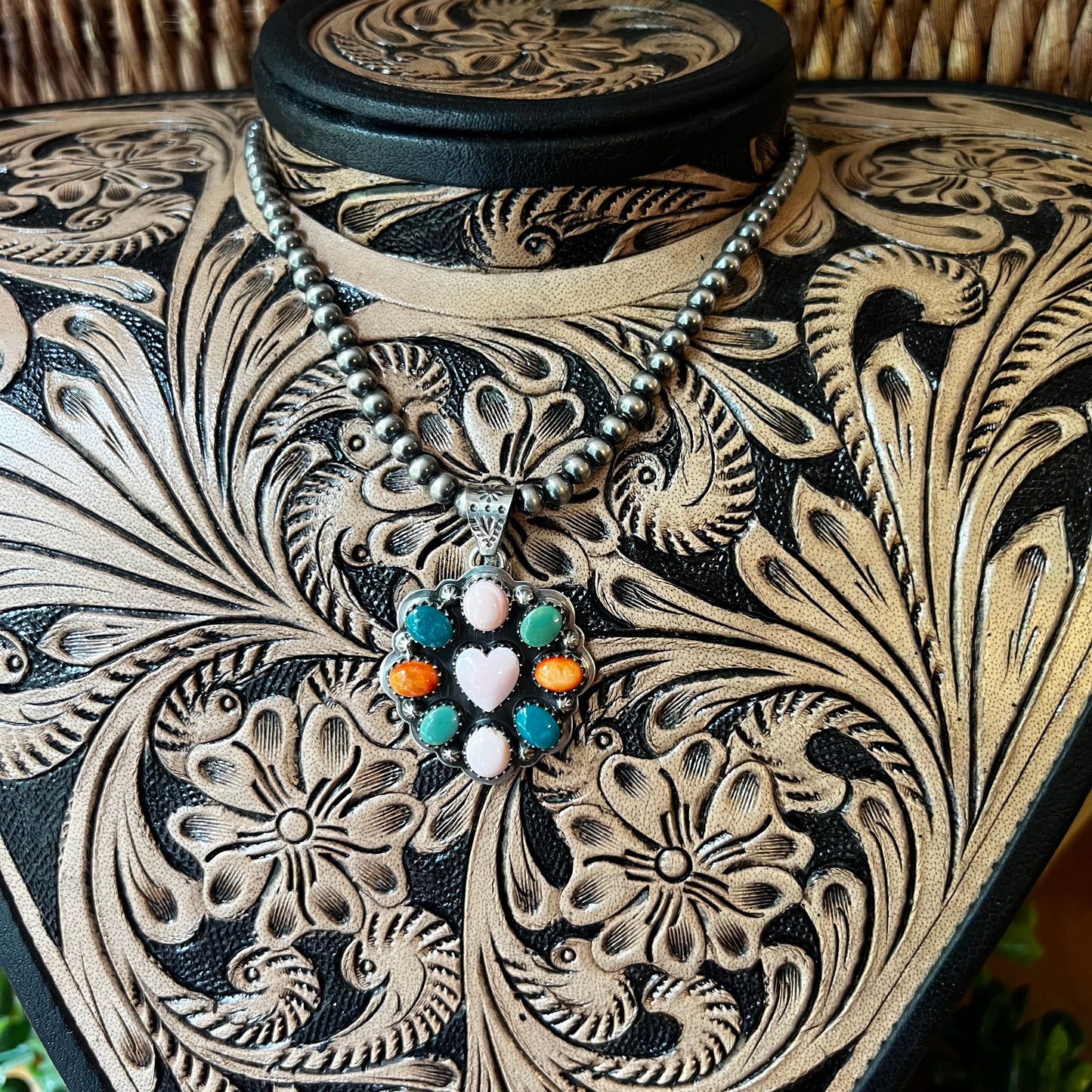 Queen Conch, Kingman Turquoise & Spiny Oyster Cluster Heart Pendant