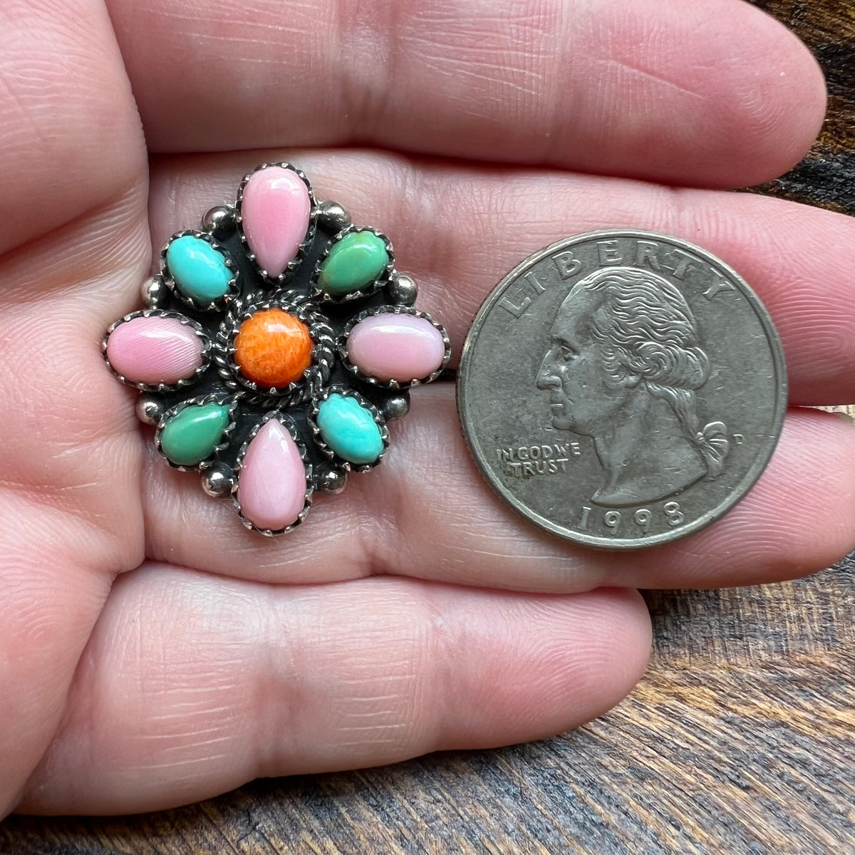 Sterling Silver Kingman Turquoise, Spiny Oyster & Queen Conch Cluster Ring – Size 10 Adjustable