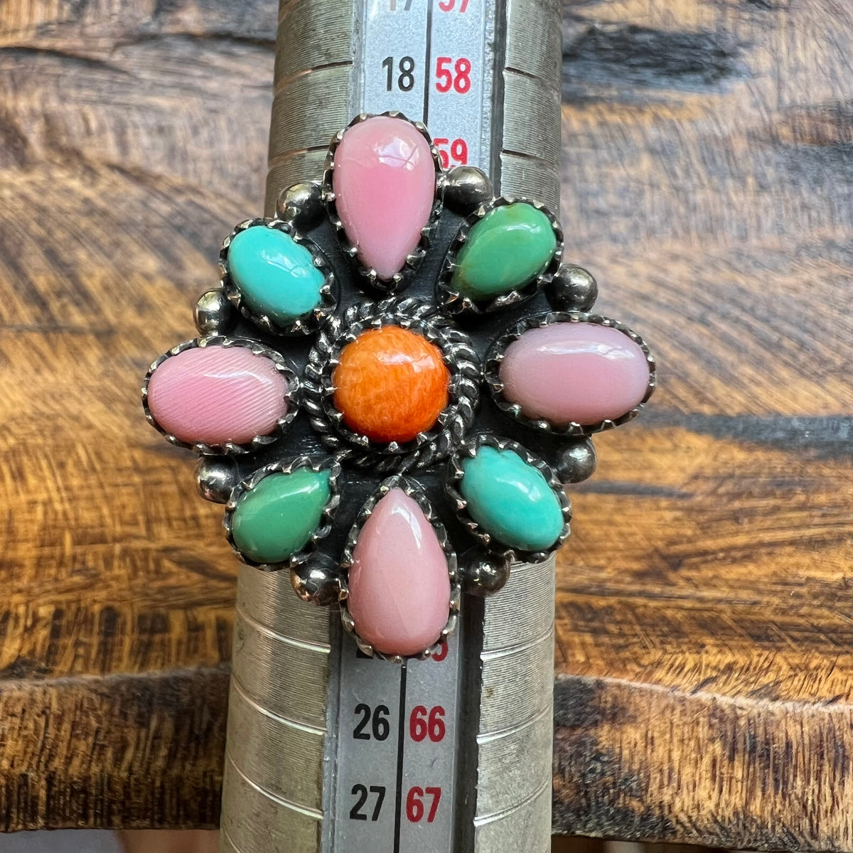 Sterling Silver Kingman Turquoise, Spiny Oyster & Queen Conch Cluster Ring – Size 10 Adjustable